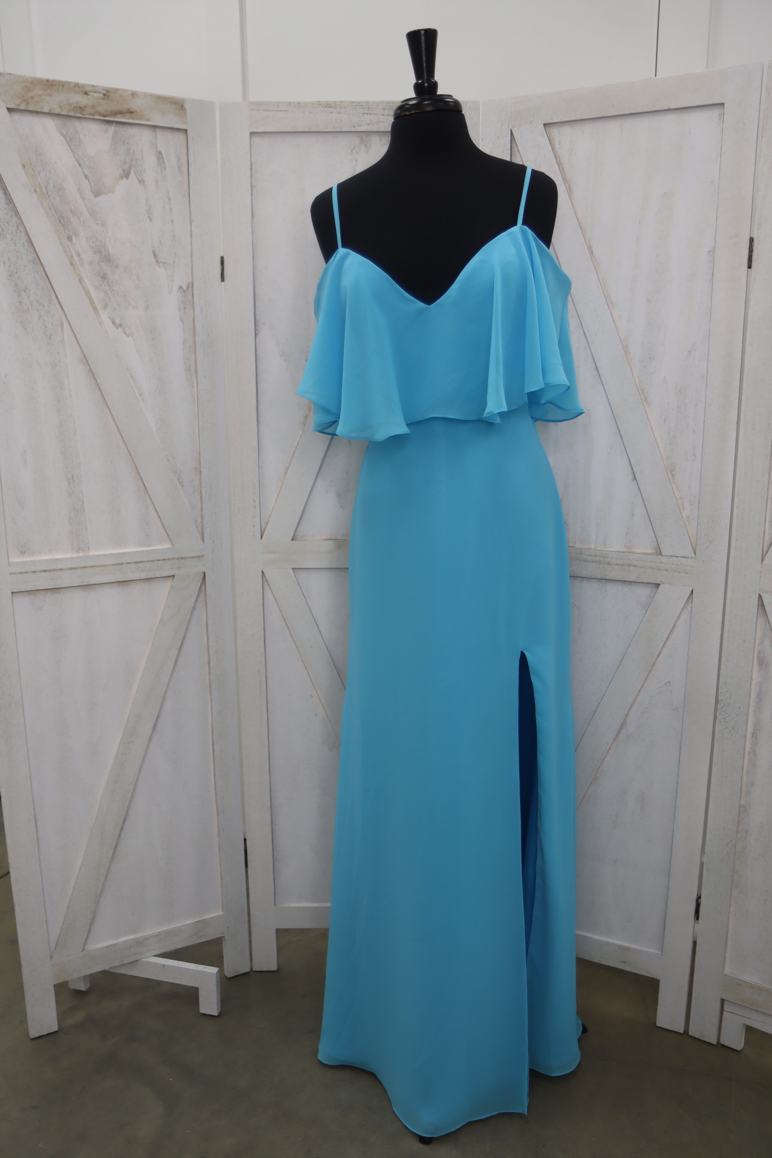 Aqua Blue Cold-Shoulder Ruffle Overlay Slit Bridesmaid Gown