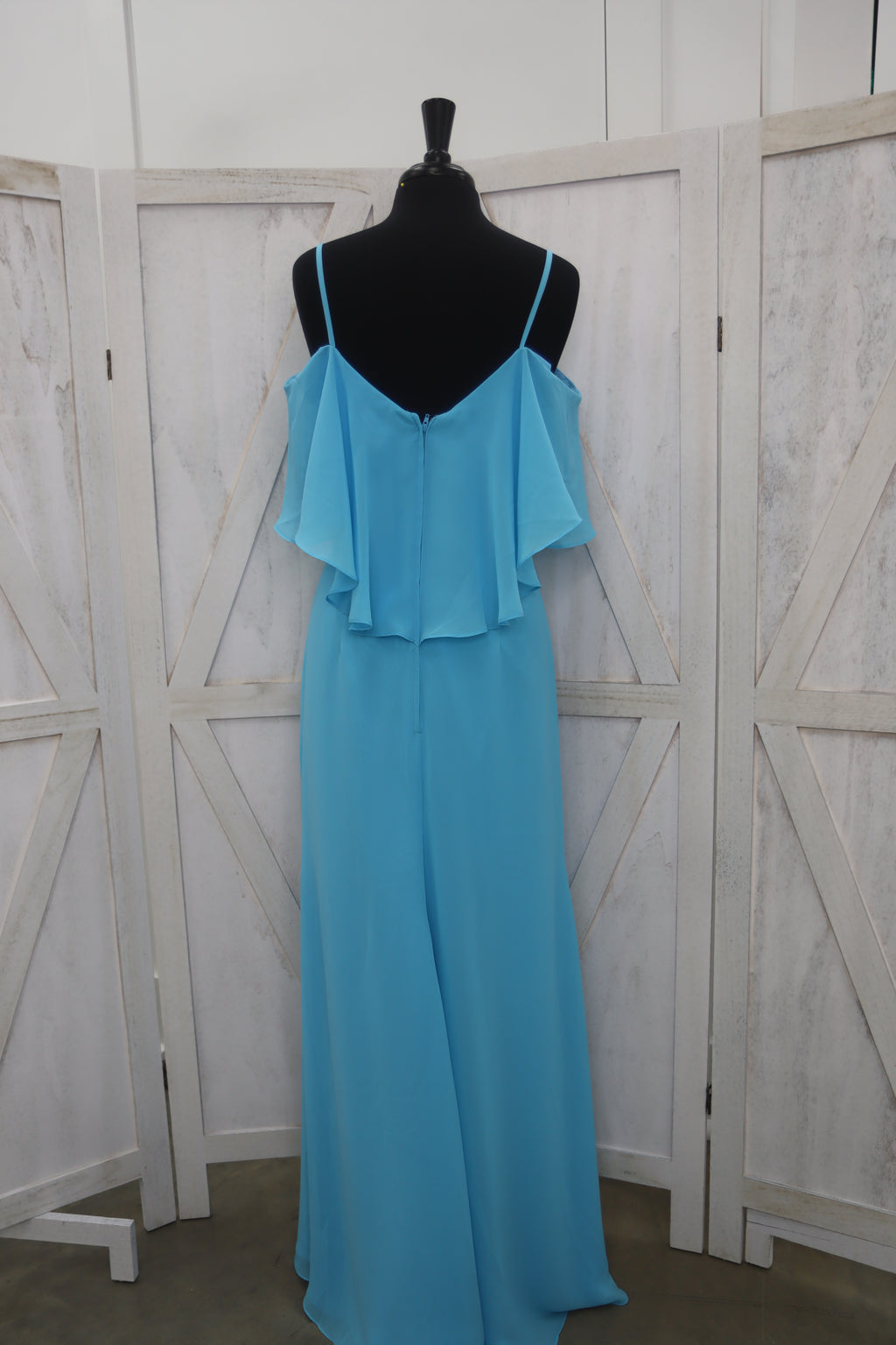 Aqua Blue Cold-Shoulder Ruffle Overlay Slit Bridesmaid Gown