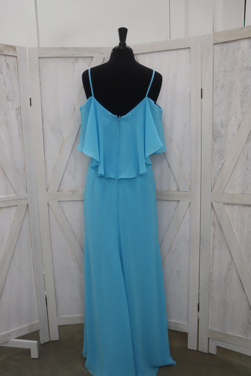 Aqua Blue Cold-Shoulder Ruffle Overlay Slit Bridesmaid Gown