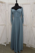 Dusty Teal Lace Long Sleeve Sweetheart Open Back MOB Gown