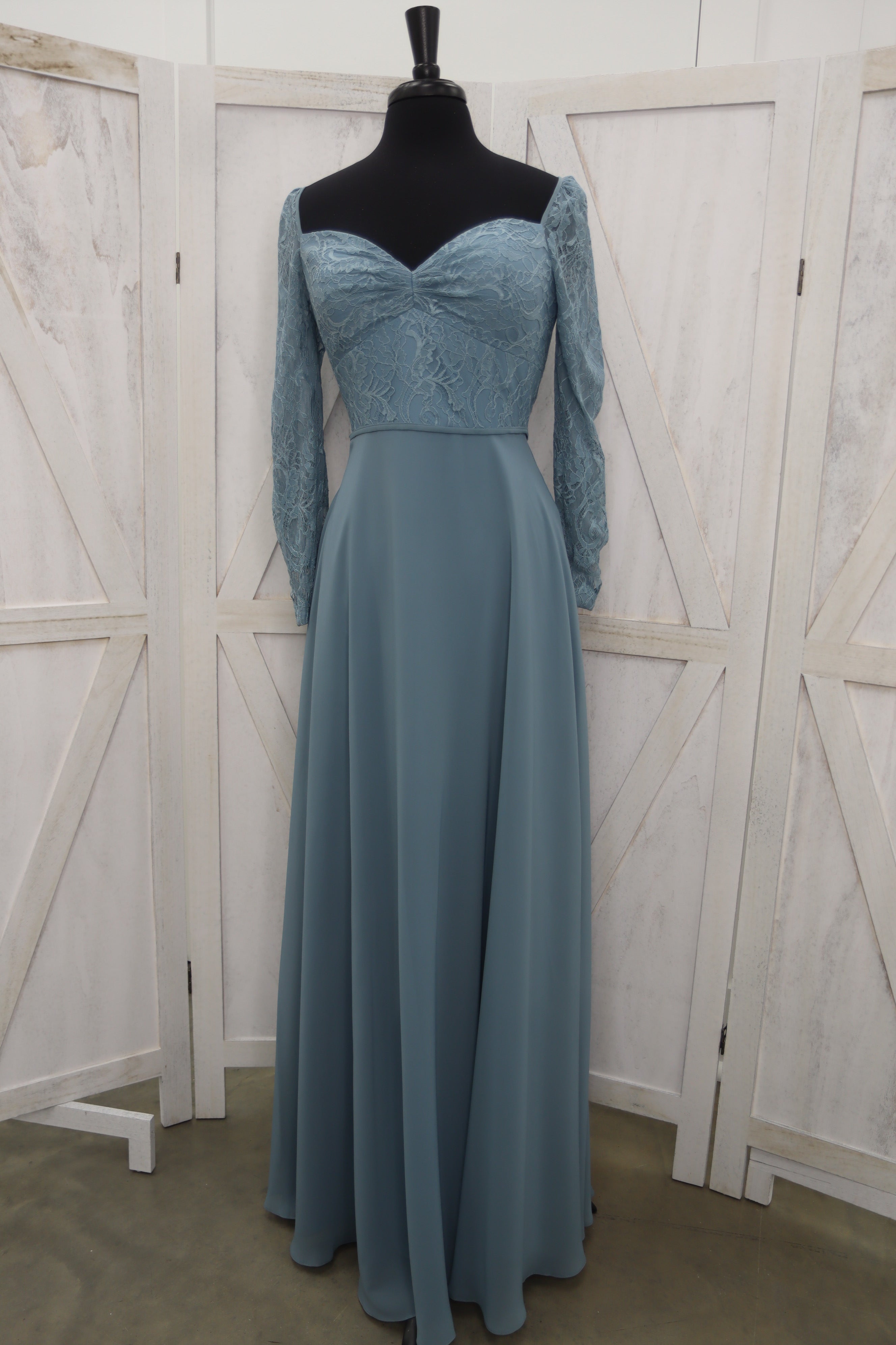 Dusty Teal Lace Long Sleeve Sweetheart Open Back MOB Gown