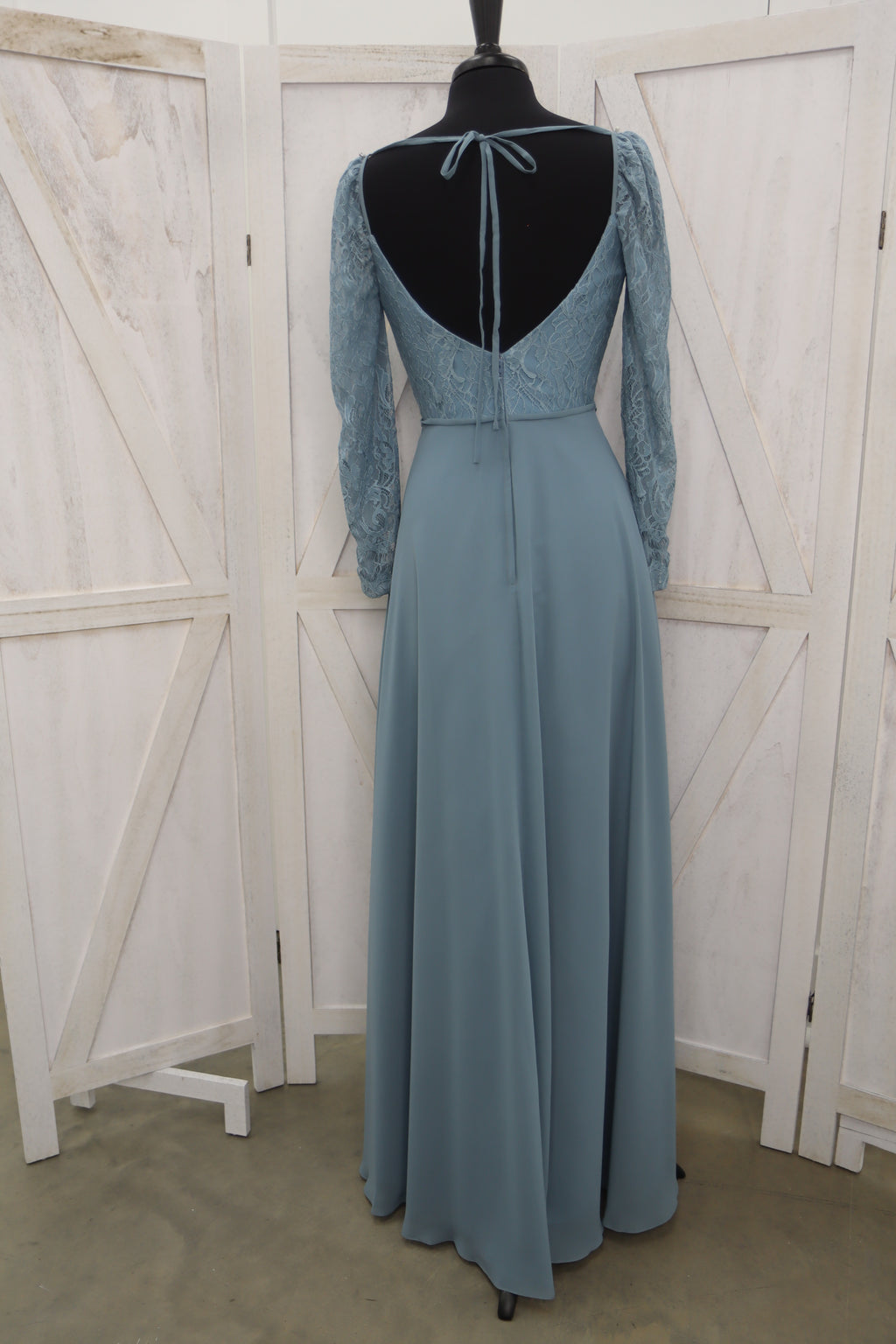 Dusty Teal Lace Long Sleeve Sweetheart Open Back MOB Gown