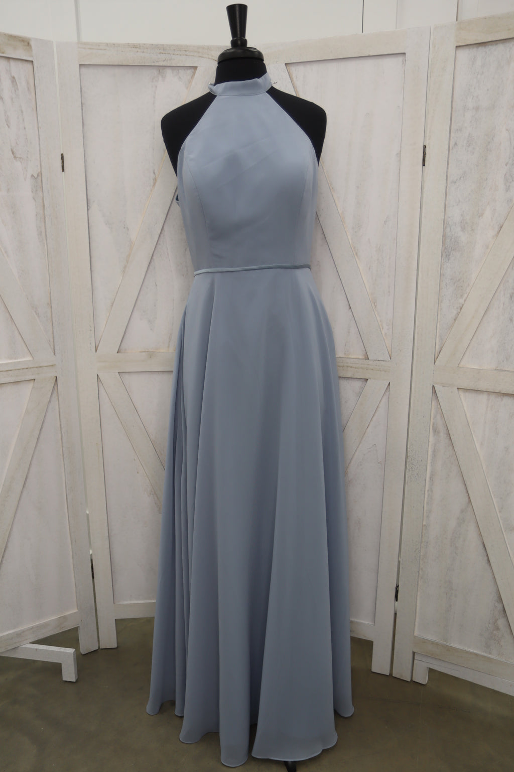 Dusty Blue Halter Neck Bow-Tie Back Open Back Bridesmaid Gown