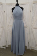 Dusty Blue Halter Neck Bow-Tie Back Open Back Bridesmaid Gown