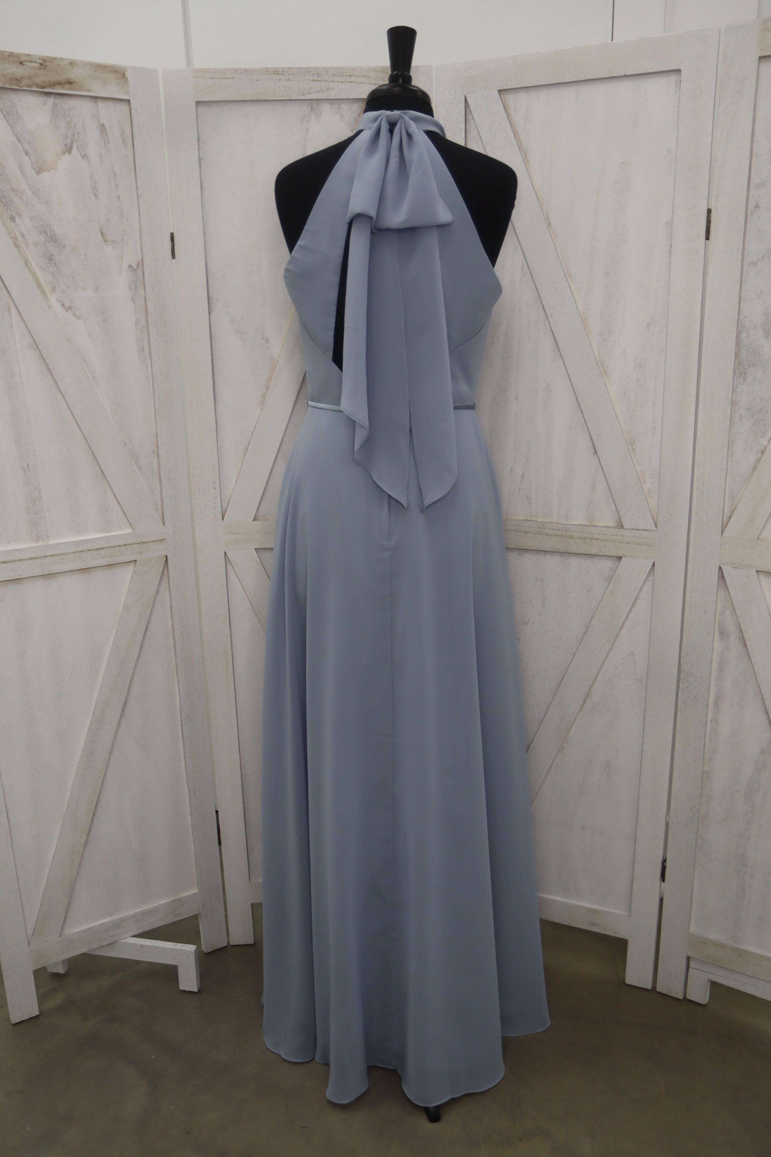 Dusty Blue Halter Neck Bow-Tie Back Open Back Bridesmaid Gown