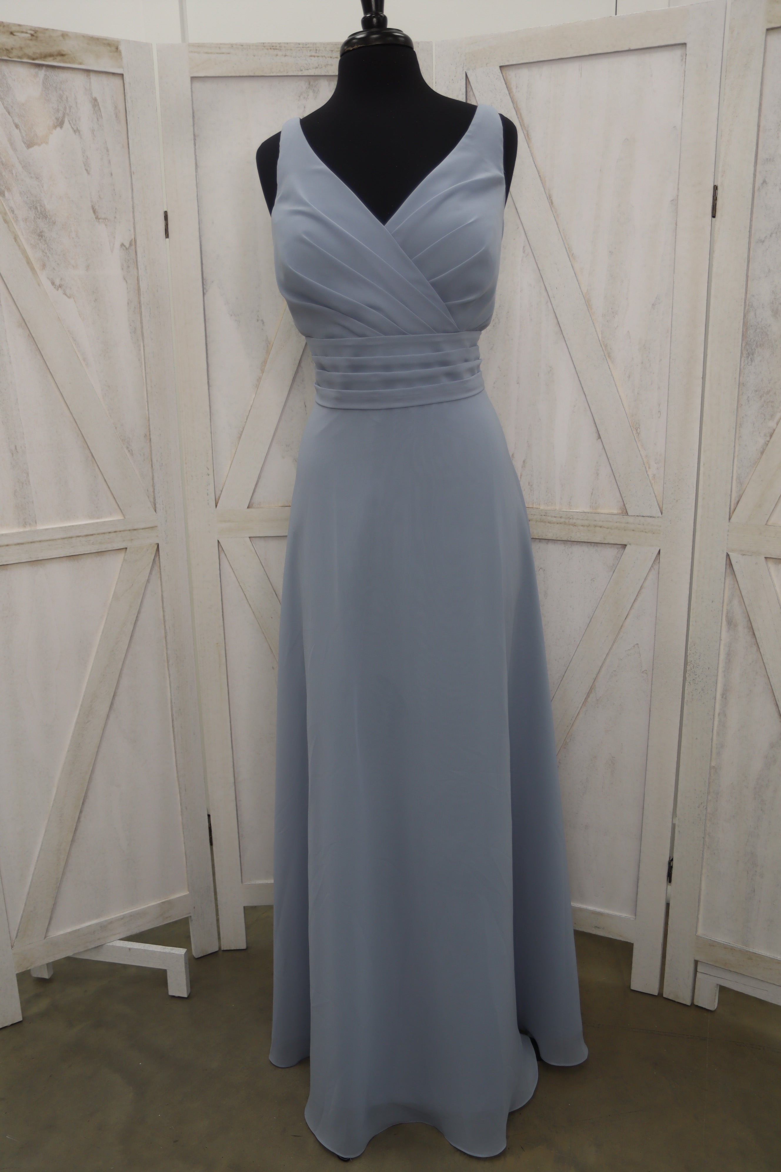 Dusty Blue V-Neck Surplice Bodice Banded Waist Bridesmaid Gown