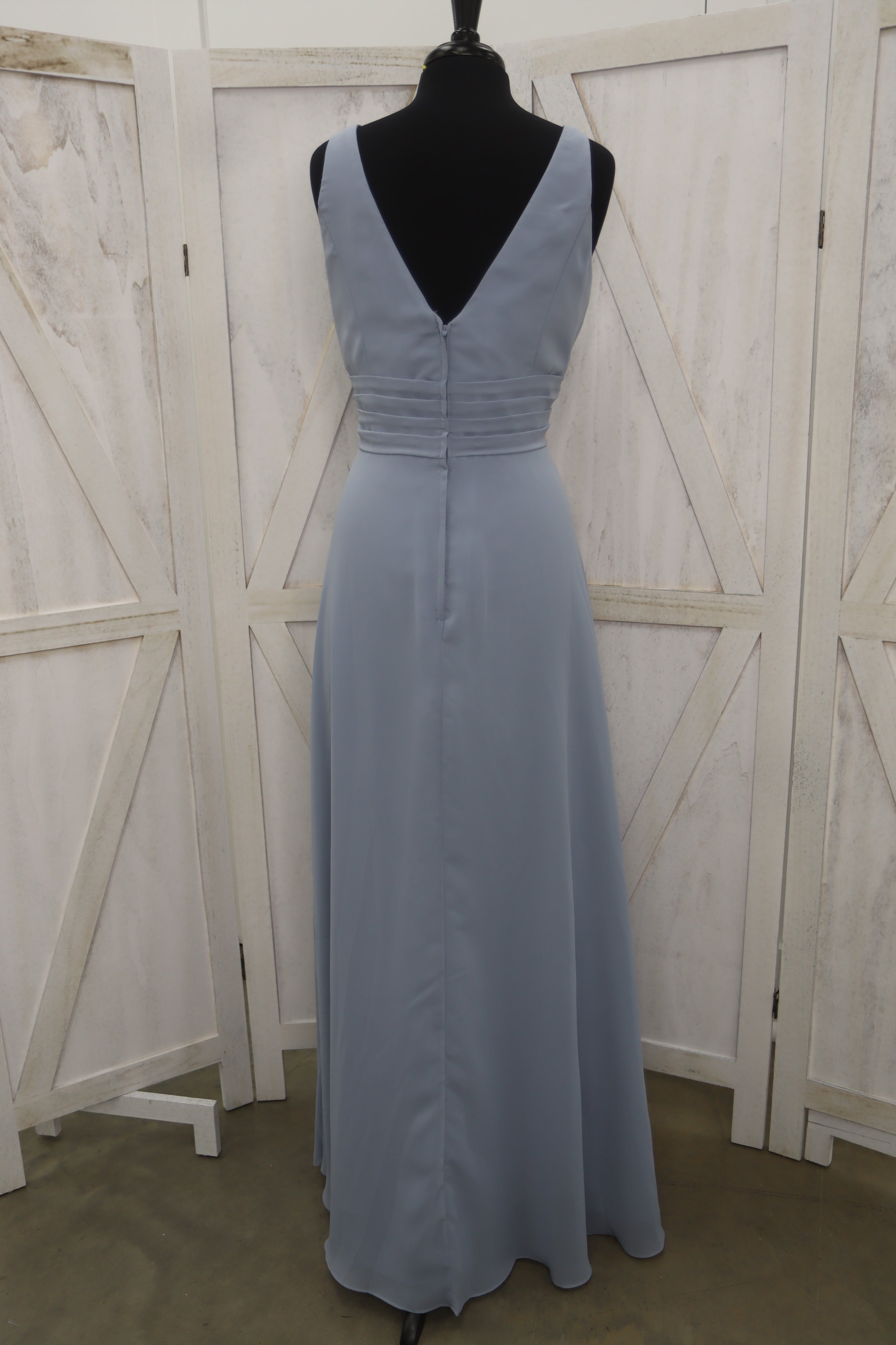 Dusty Blue V-Neck Surplice Bodice Banded Waist Bridesmaid Gown