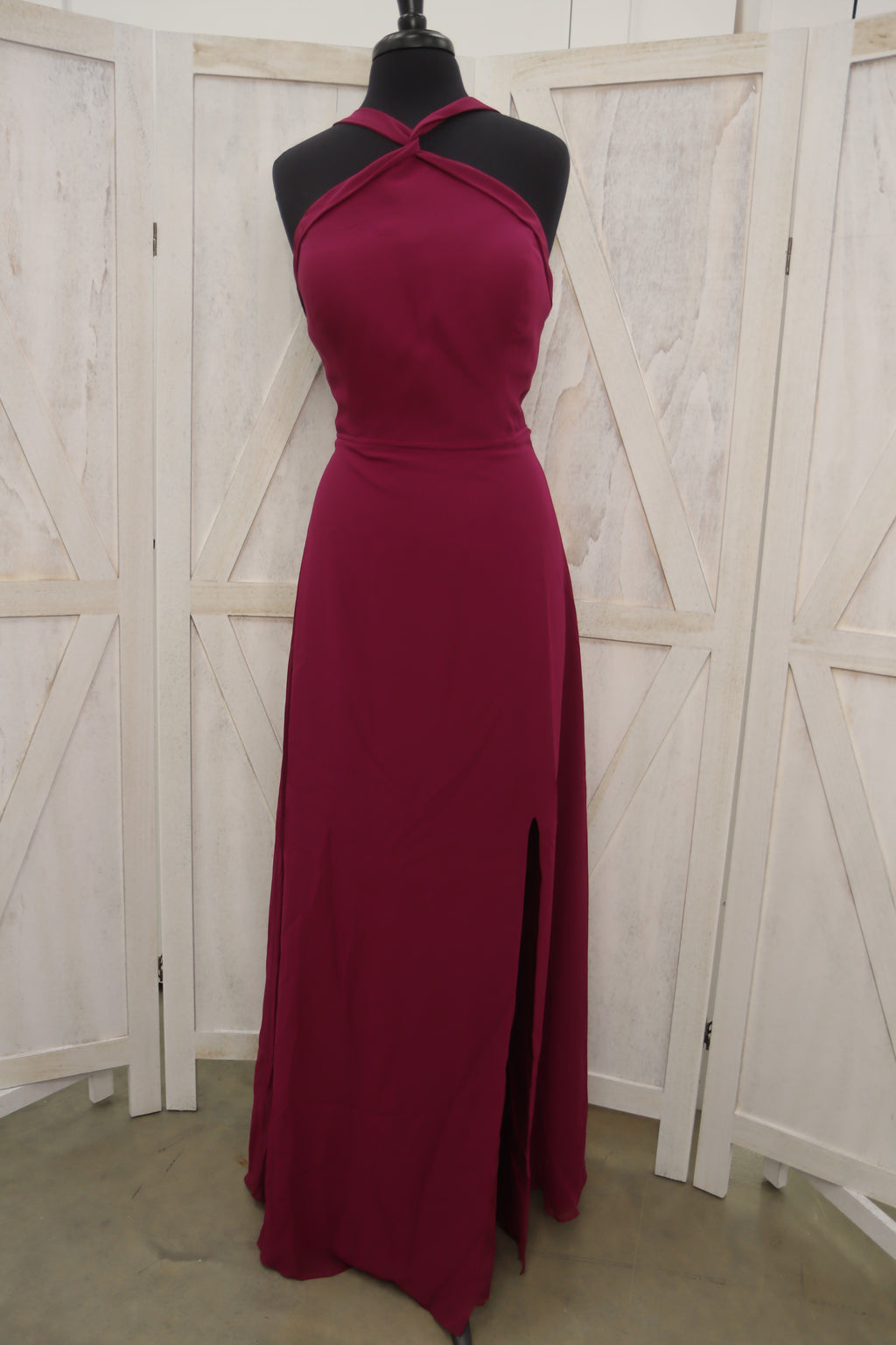 Burgundy Cross-Halter Neck Open Back Slit Prom Gown