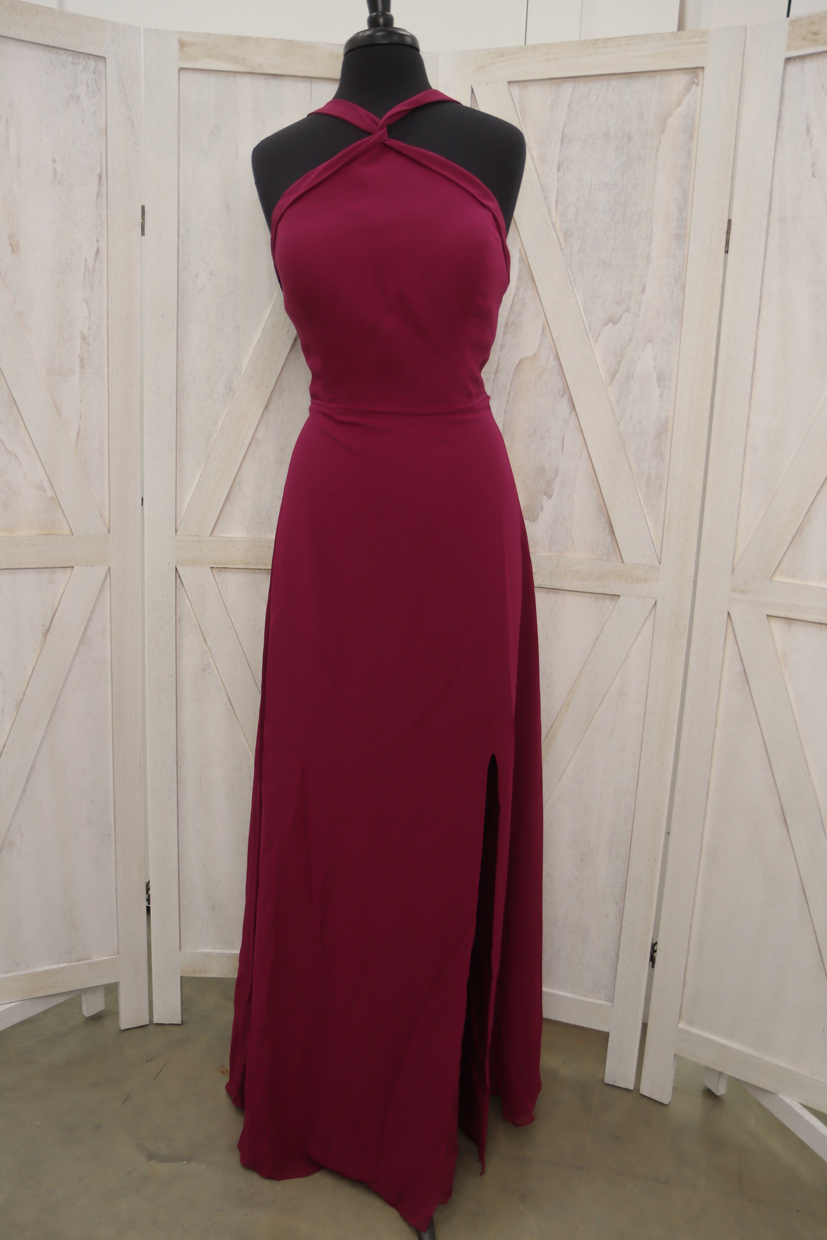 Burgundy Cross-Halter Neck Open Back Slit Prom Gown