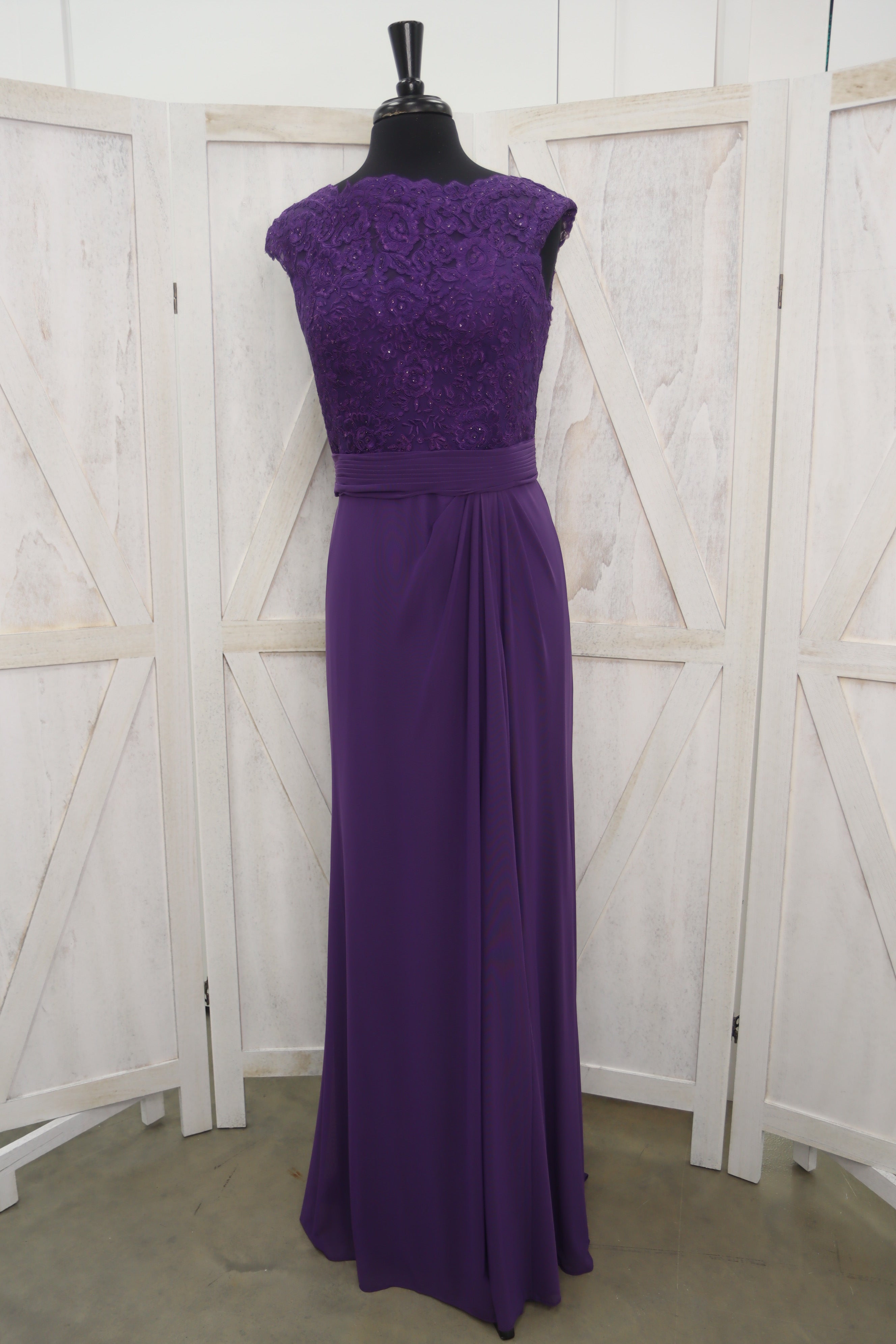 Deep Purple Beaded Lace Bodice Cap Sleeve MOB Gown