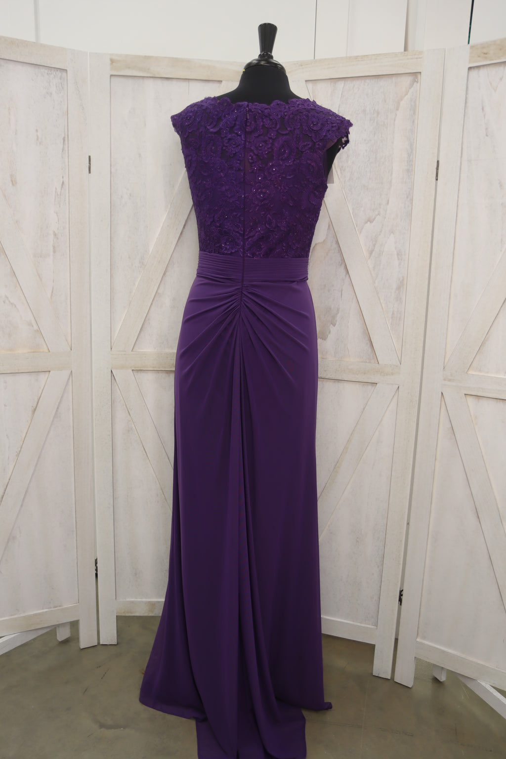 Deep Purple Beaded Lace Bodice Cap Sleeve MOB Gown