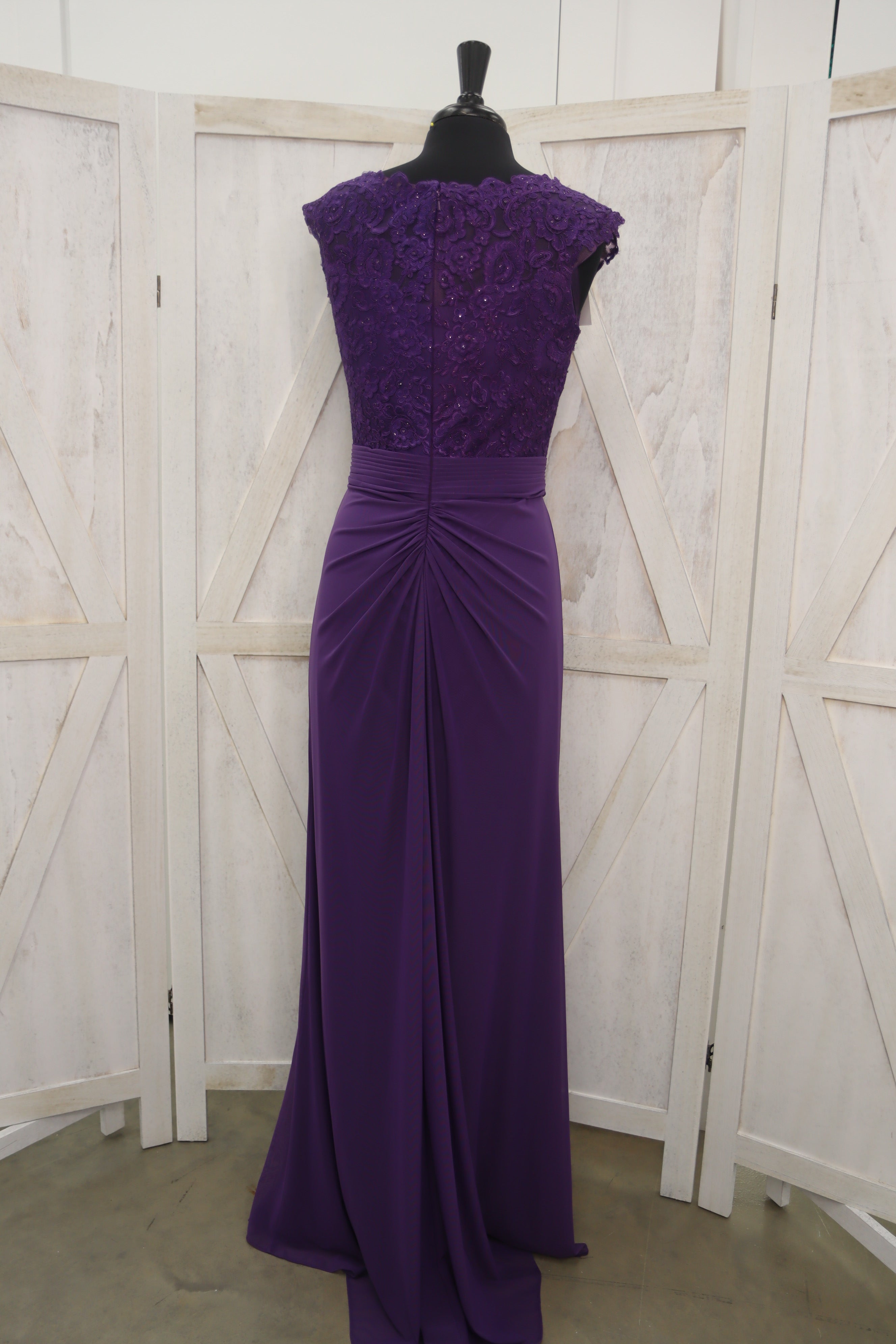 Deep Purple Beaded Lace Bodice Cap Sleeve MOB Gown