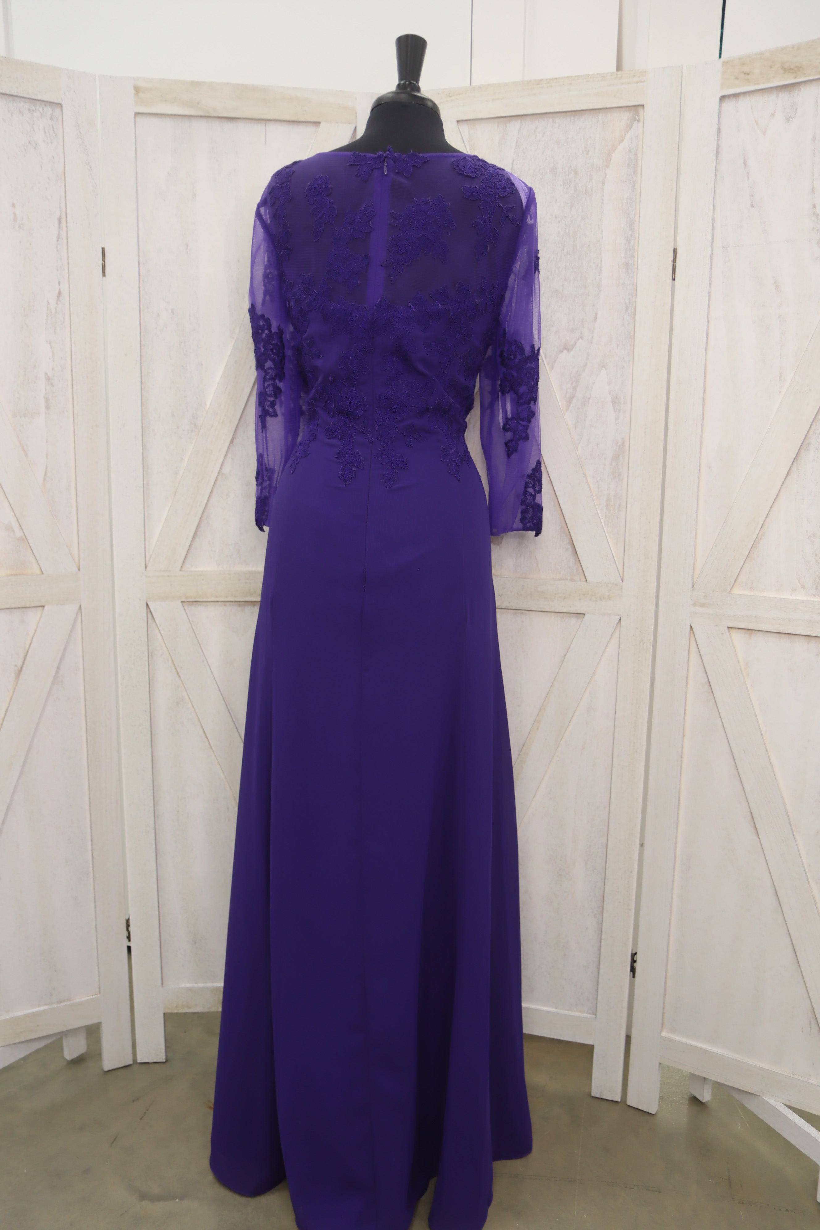 Royal Purple Lace Appliqué Long Sleeve MOB Gown