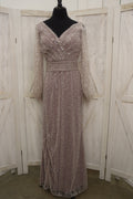 Dusty Lavender Fully Beaded Crystal Bishop Sleeve V-Neck Column Mother of the Bride Gown