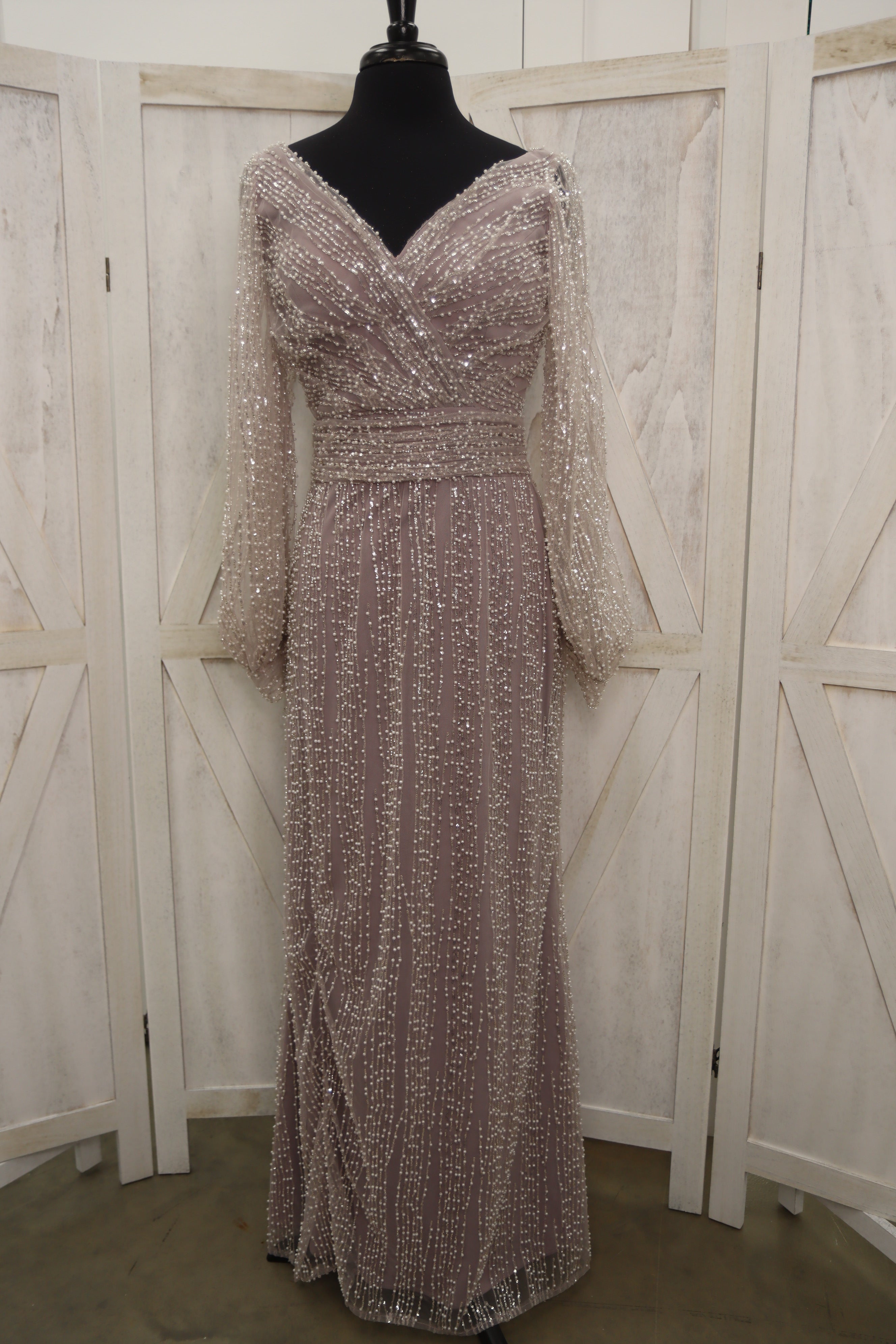 Dusty Lavender Fully Beaded Crystal Bishop Sleeve V-Neck Column Mother of the Bride Gown