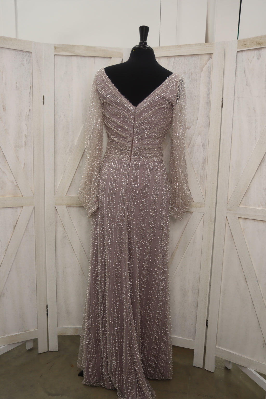 Dusty Lavender Fully Beaded Crystal Bishop Sleeve V-Neck Column Mother of the Bride Gown