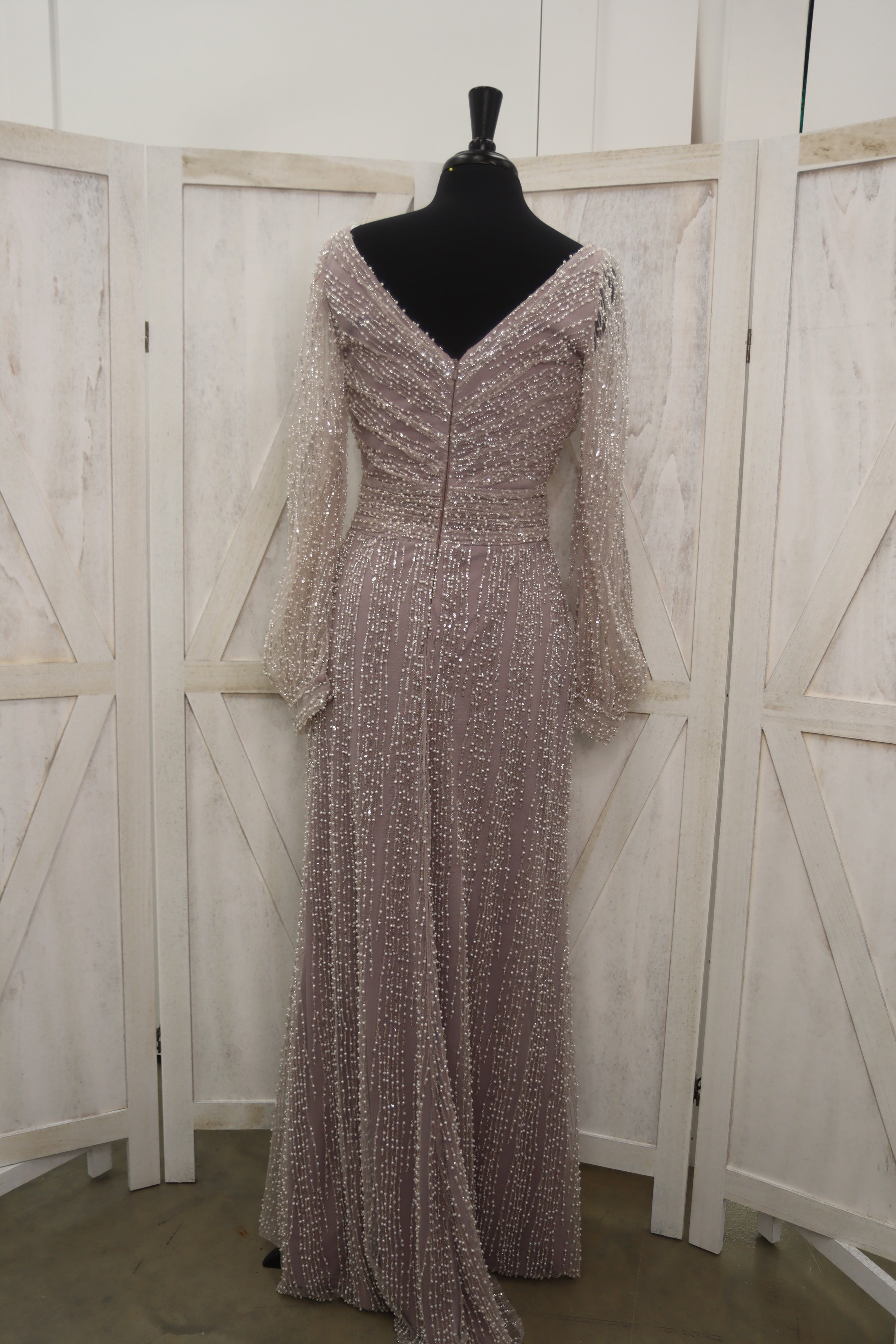 Dusty Lavender Fully Beaded Crystal Bishop Sleeve V-Neck Column Mother of the Bride Gown