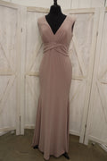 Taupe Deep V-Neck Twisted Knot Waist Sleeveless Jersey Mermaid Bridesmaid Dress