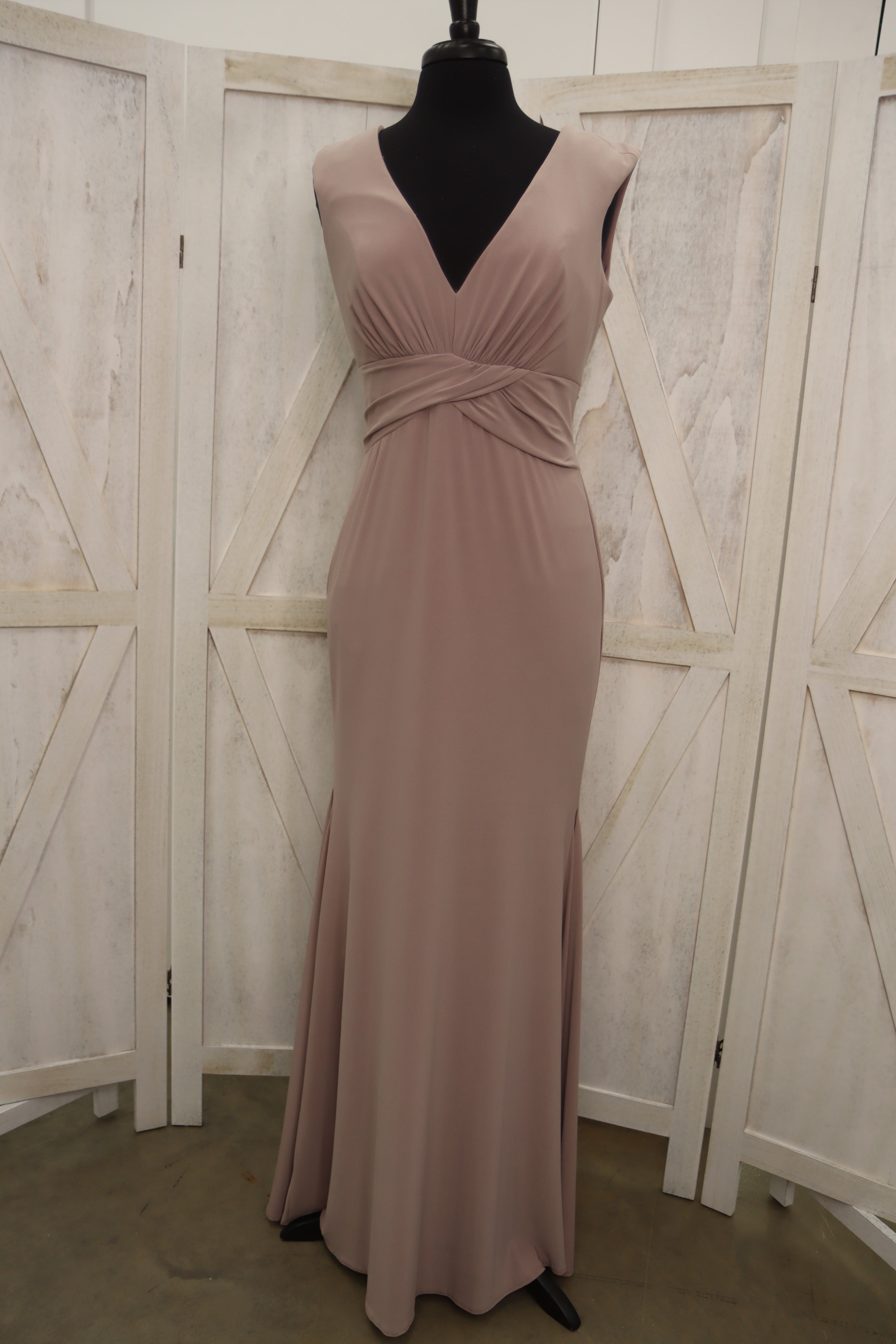 Taupe Deep V-Neck Twisted Knot Waist Sleeveless Jersey Mermaid Bridesmaid Dress