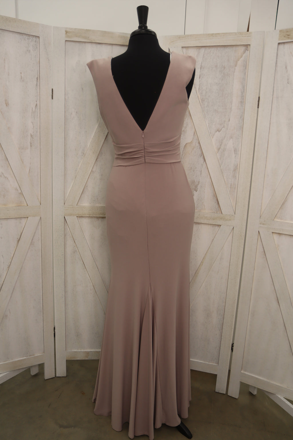 Taupe Deep V-Neck Twisted Knot Waist Sleeveless Jersey Mermaid Bridesmaid Dress