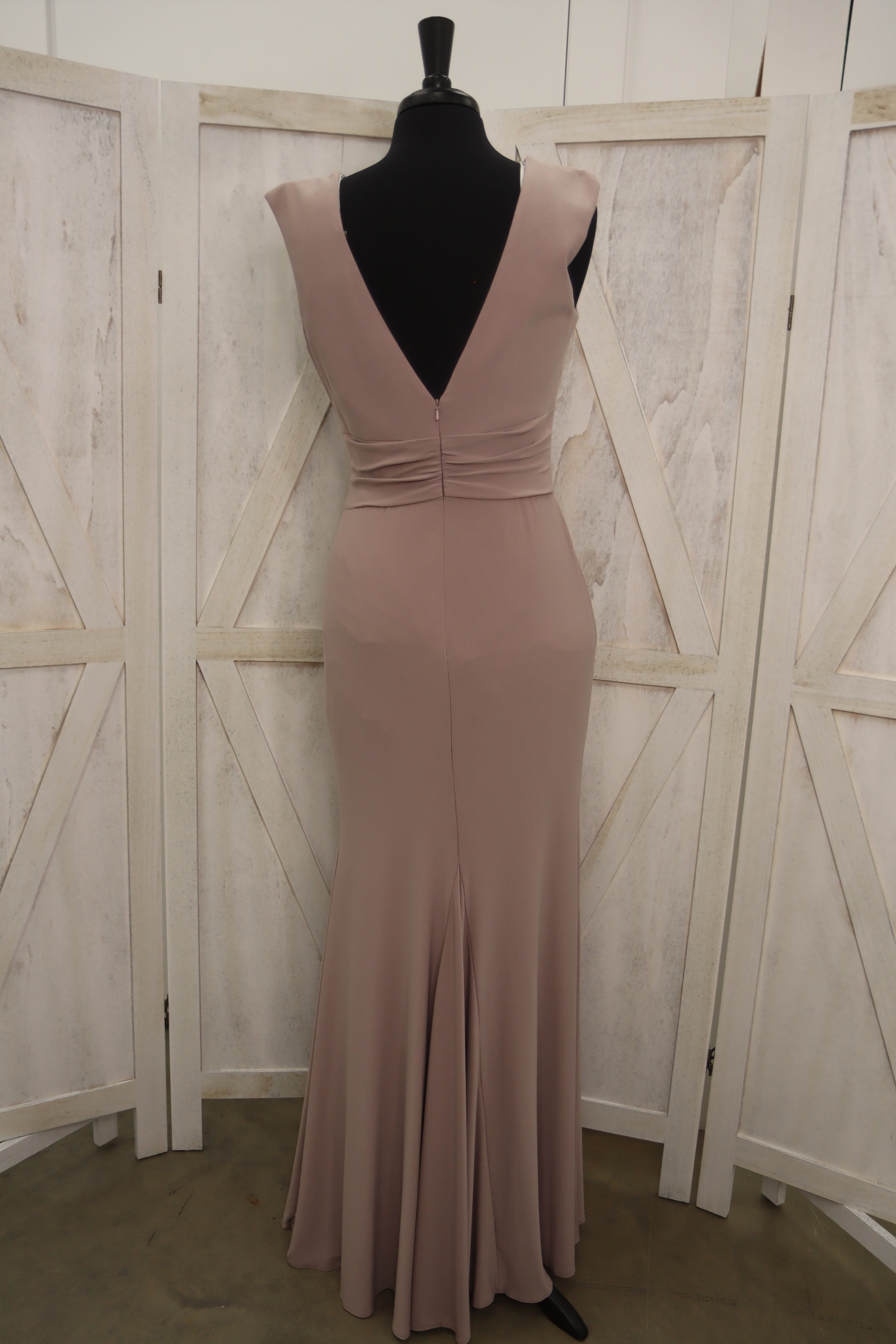 Taupe Deep V-Neck Twisted Knot Waist Sleeveless Jersey Mermaid Bridesmaid Dress