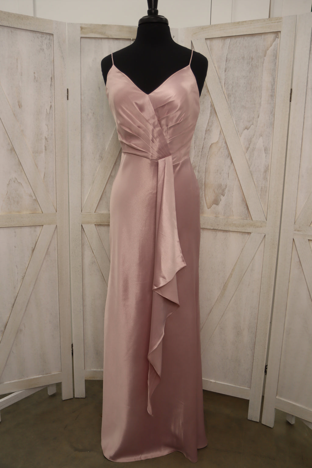Blush Satin V-Neck Spaghetti Strap Cascading Ruffle Front Bridesmaid Dress