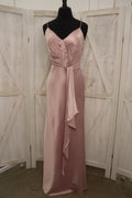 Blush Satin V-Neck Spaghetti Strap Cascading Ruffle Front Bridesmaid Dress