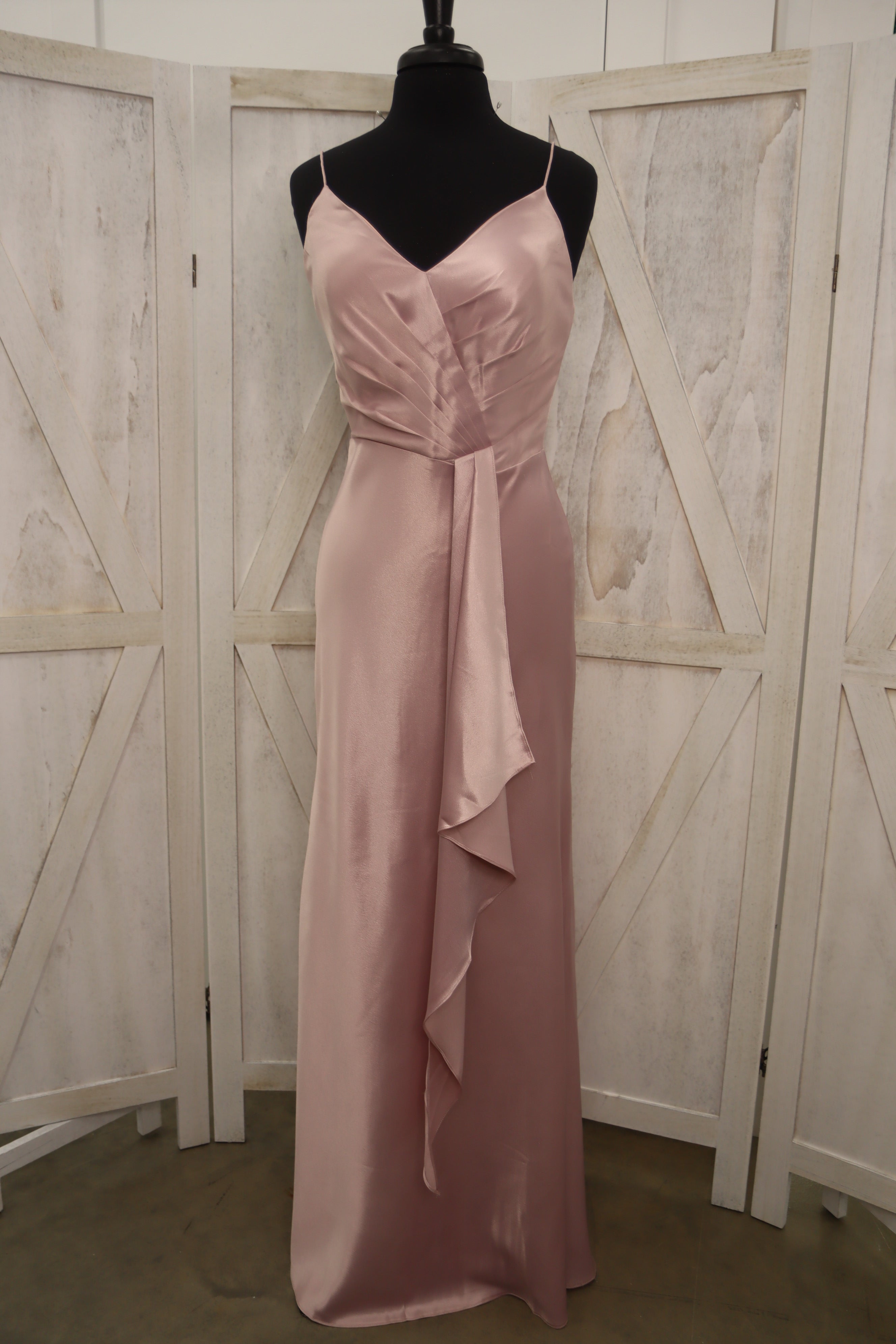 Blush Satin V-Neck Spaghetti Strap Cascading Ruffle Front Bridesmaid Dress