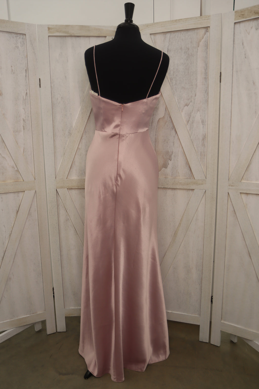 Blush Satin V-Neck Spaghetti Strap Cascading Ruffle Front Bridesmaid Dress