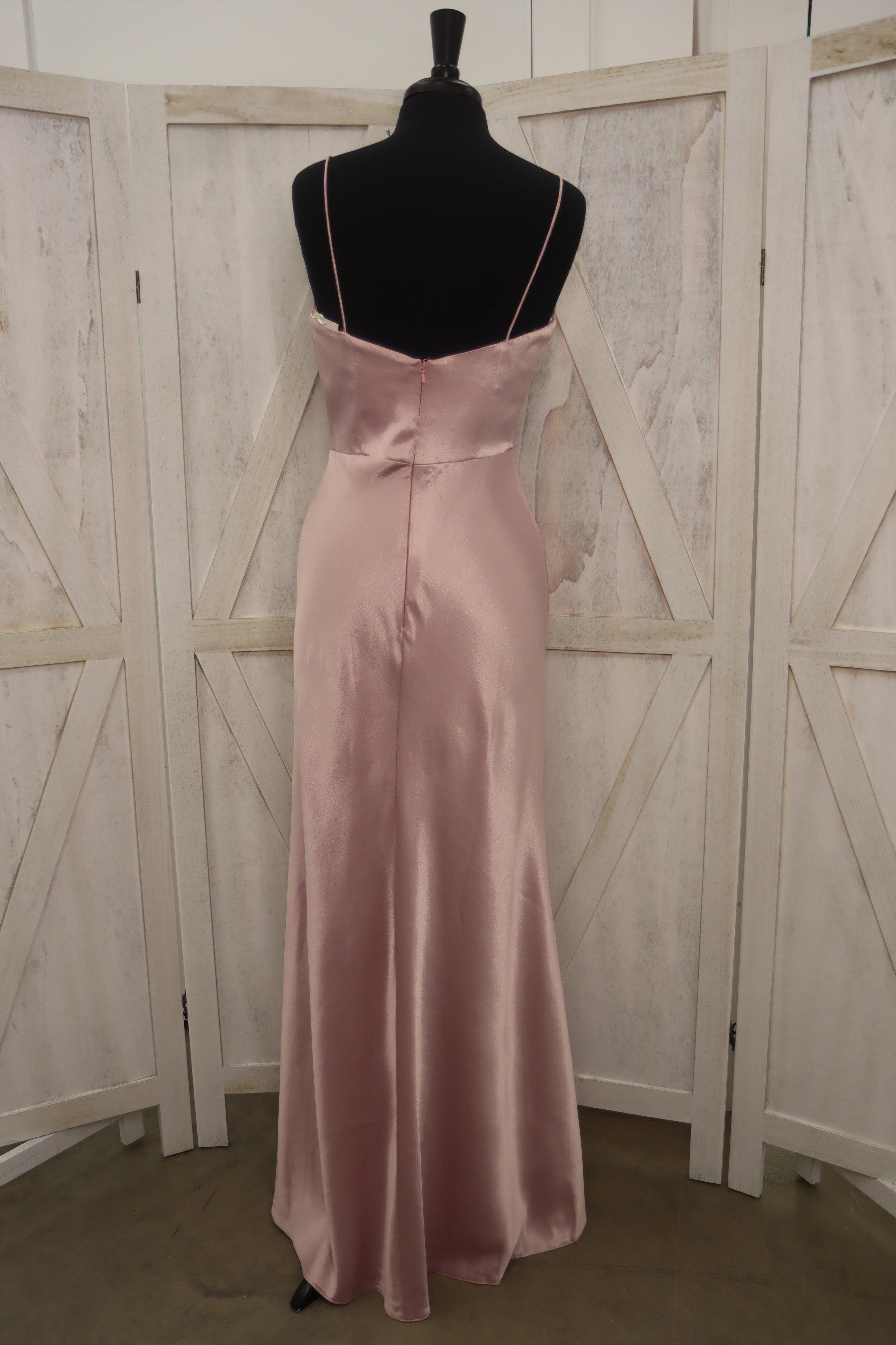 Blush Satin V-Neck Spaghetti Strap Cascading Ruffle Front Bridesmaid Dress