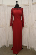 Crimson Beaded Illusion Bateau Neck Long Sleeve Column Mother of the Bride Gown