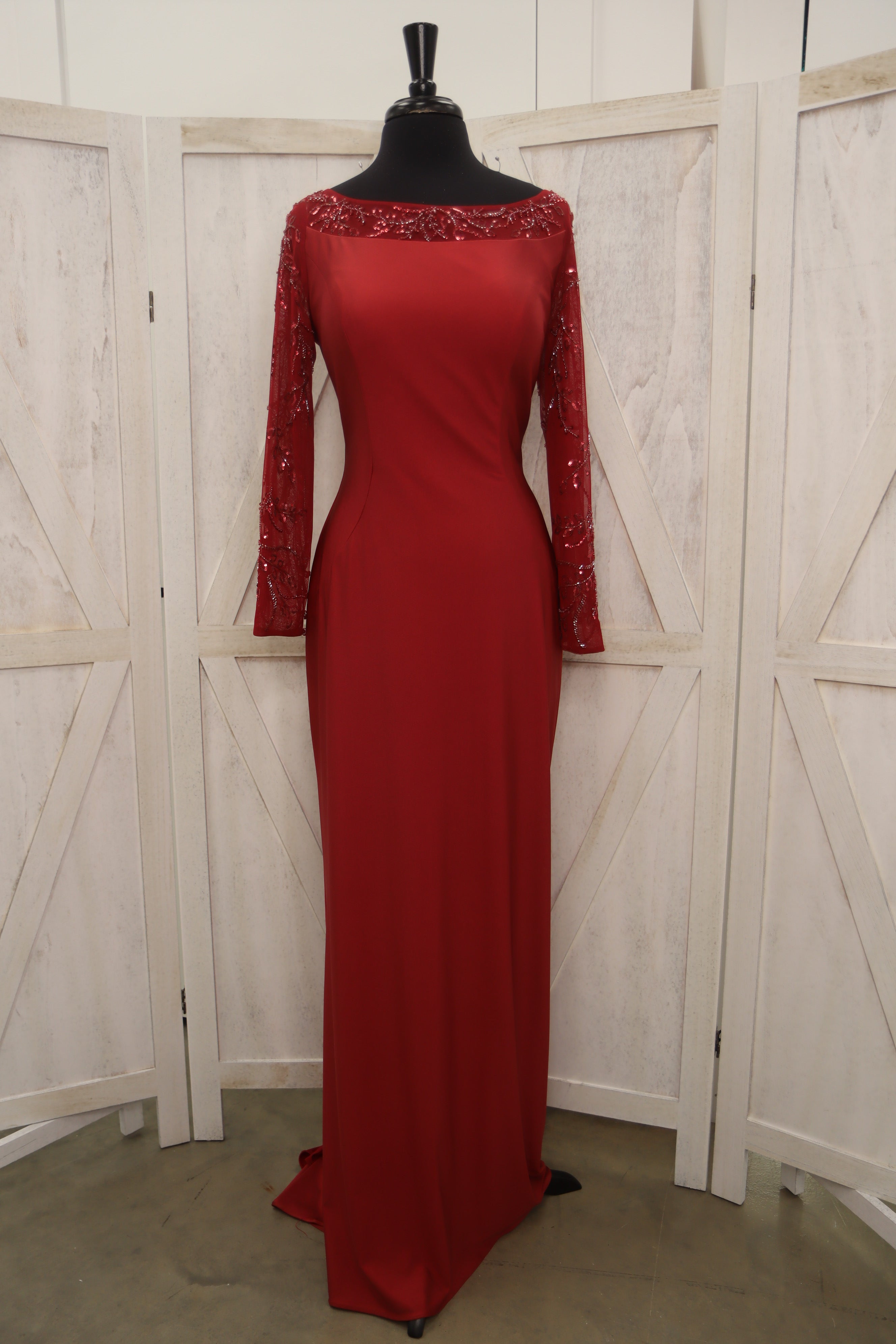 Crimson Beaded Illusion Bateau Neck Long Sleeve Column Mother of the Bride Gown