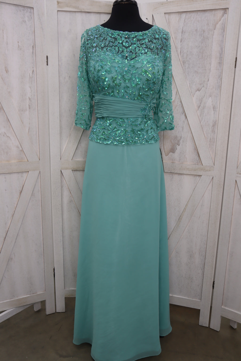 Seafoam Sequin Floral Lace Bateau Neck 3/4 Sleeve Chiffon A-Line Mother of the Bride Gown