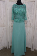 Seafoam Sequin Floral Lace Bateau Neck 3/4 Sleeve Chiffon A-Line Mother of the Bride Gown