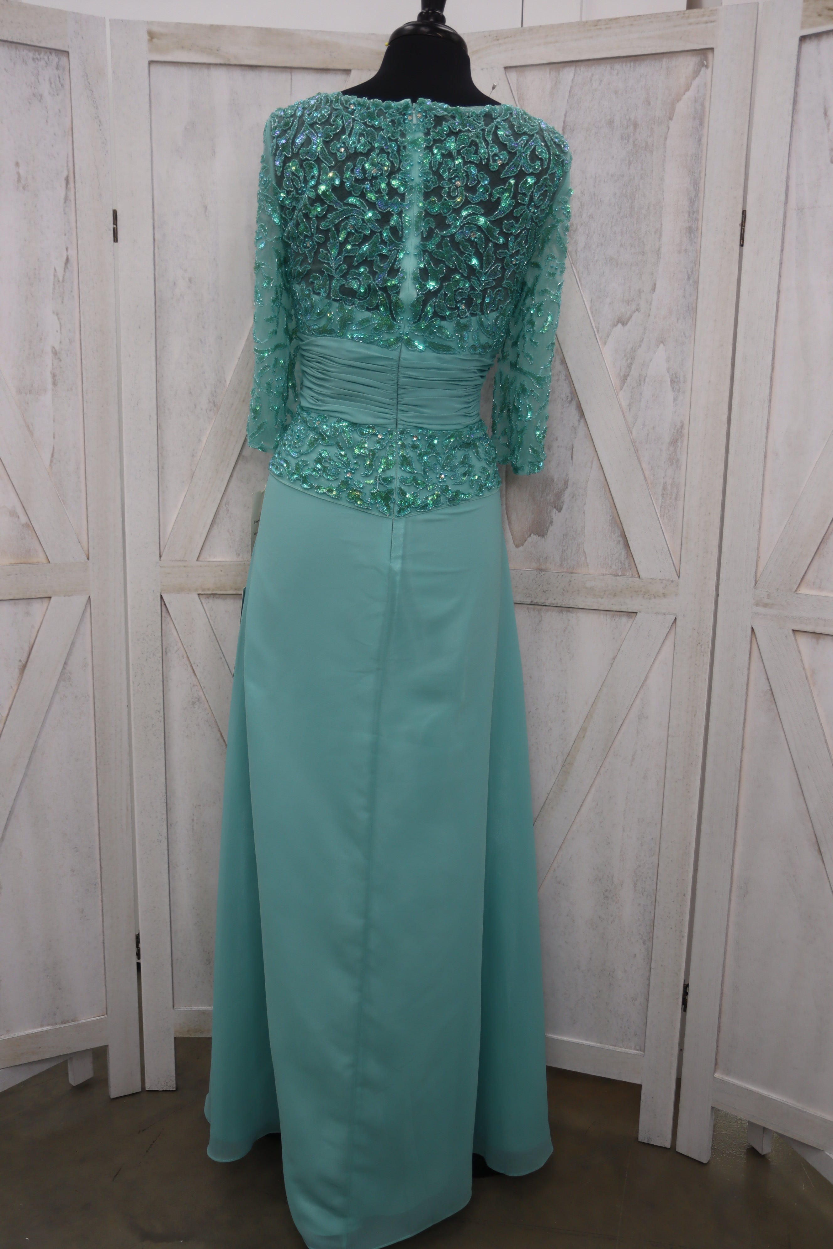 Seafoam Sequin Floral Lace Bateau Neck 3/4 Sleeve Chiffon A-Line Mother of the Bride Gown