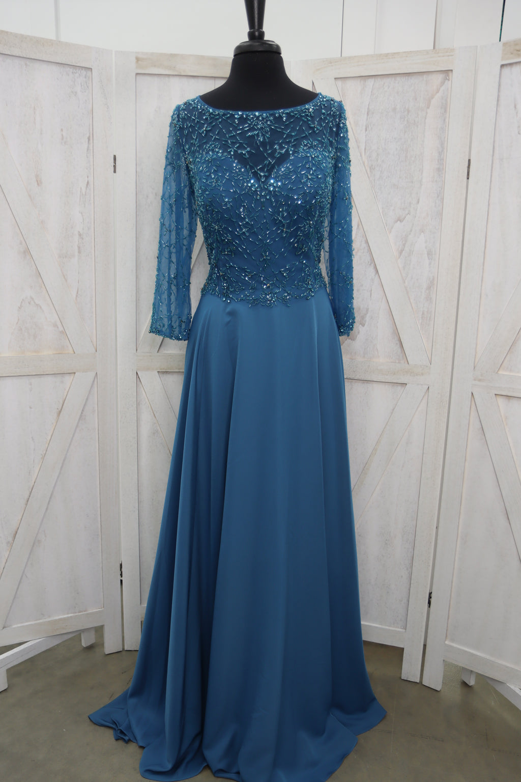 Steel Blue Beaded Lace Illusion Bateau Neck Long Sleeve Chiffon A-Line Mother of the Bride Gown
