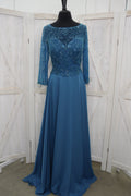 Steel Blue Beaded Lace Illusion Bateau Neck Long Sleeve Chiffon A-Line Mother of the Bride Gown
