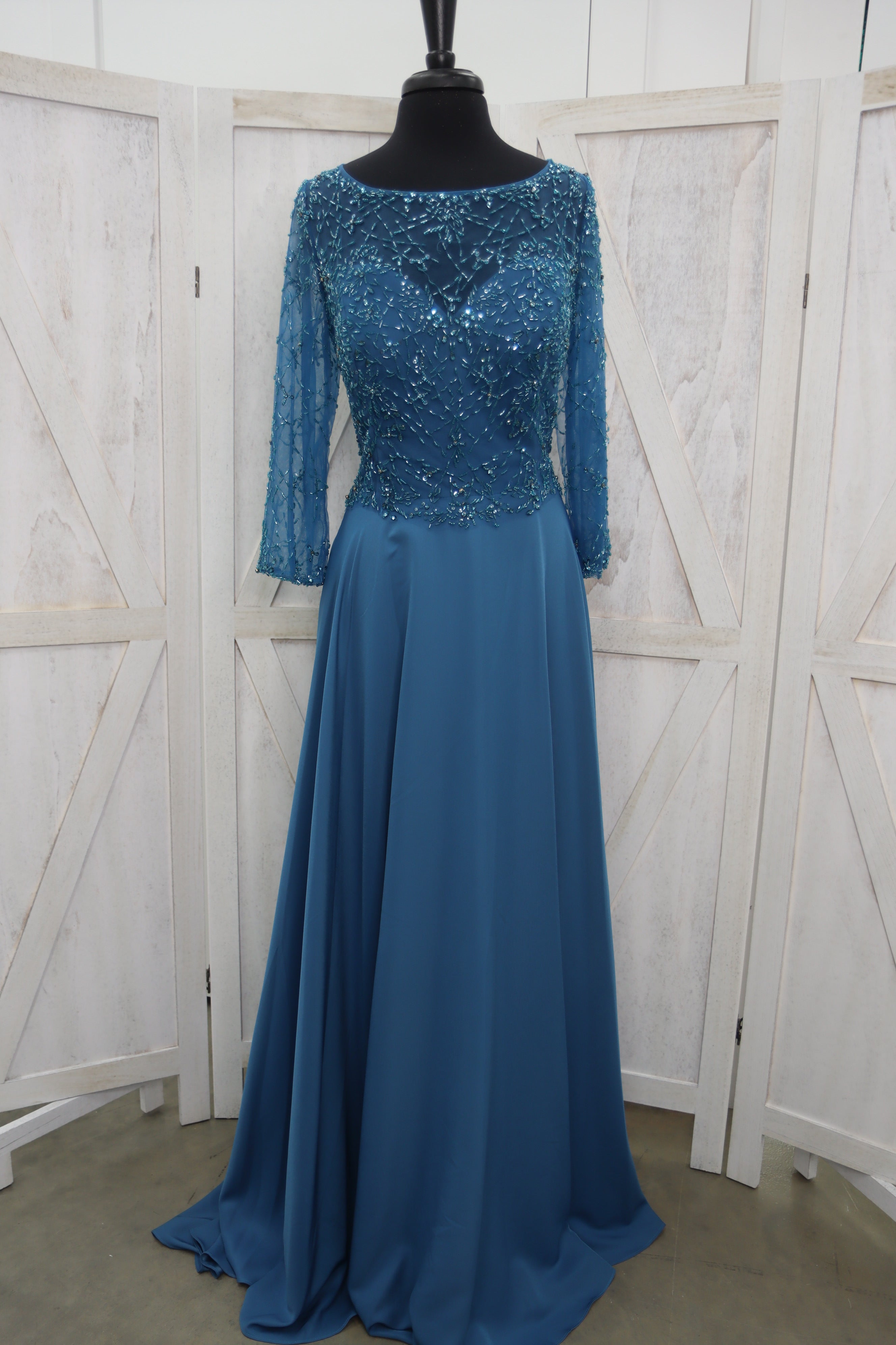 Steel Blue Beaded Lace Illusion Bateau Neck Long Sleeve Chiffon A-Line Mother of the Bride Gown