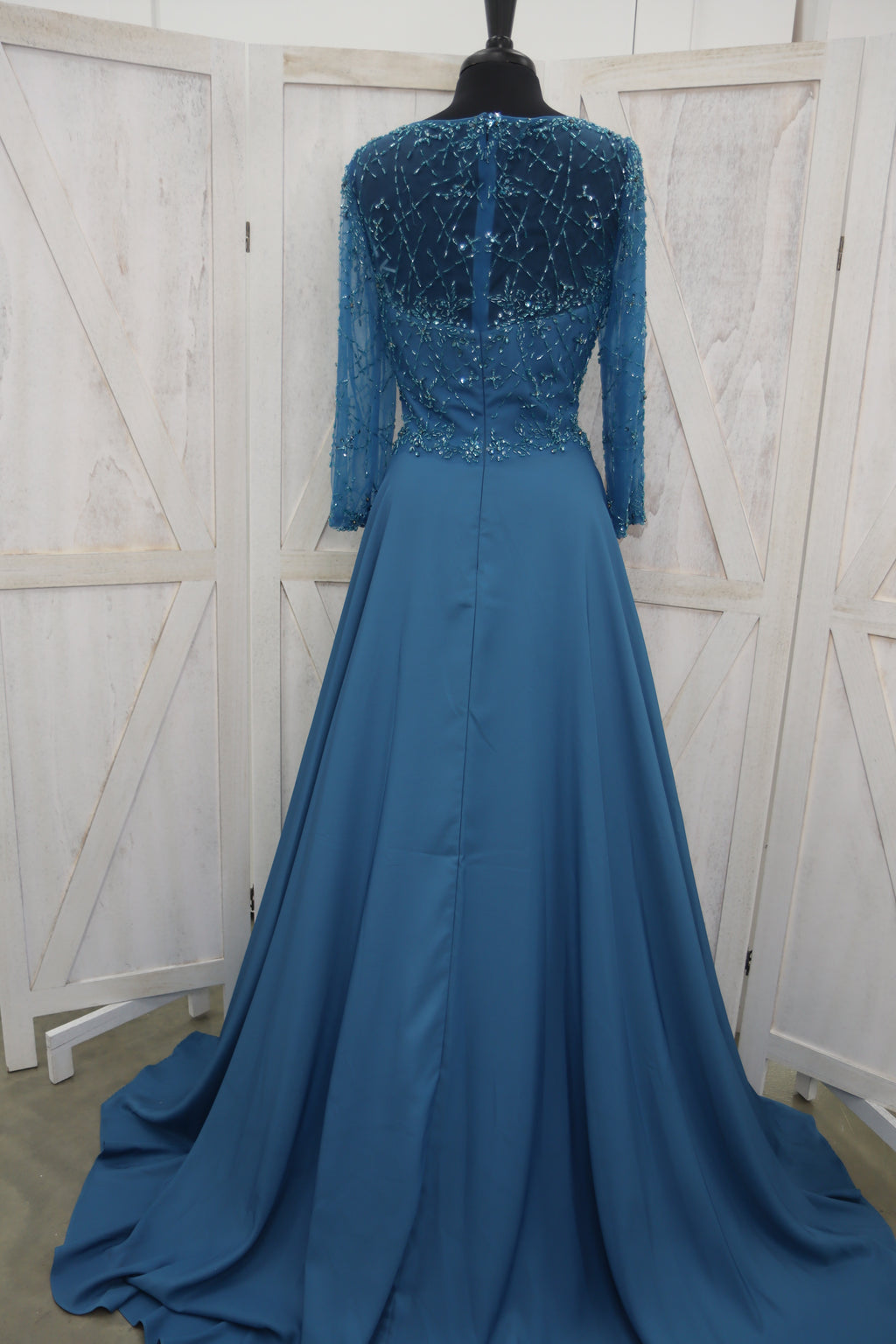Steel Blue Beaded Lace Illusion Bateau Neck Long Sleeve Chiffon A-Line Mother of the Bride Gown