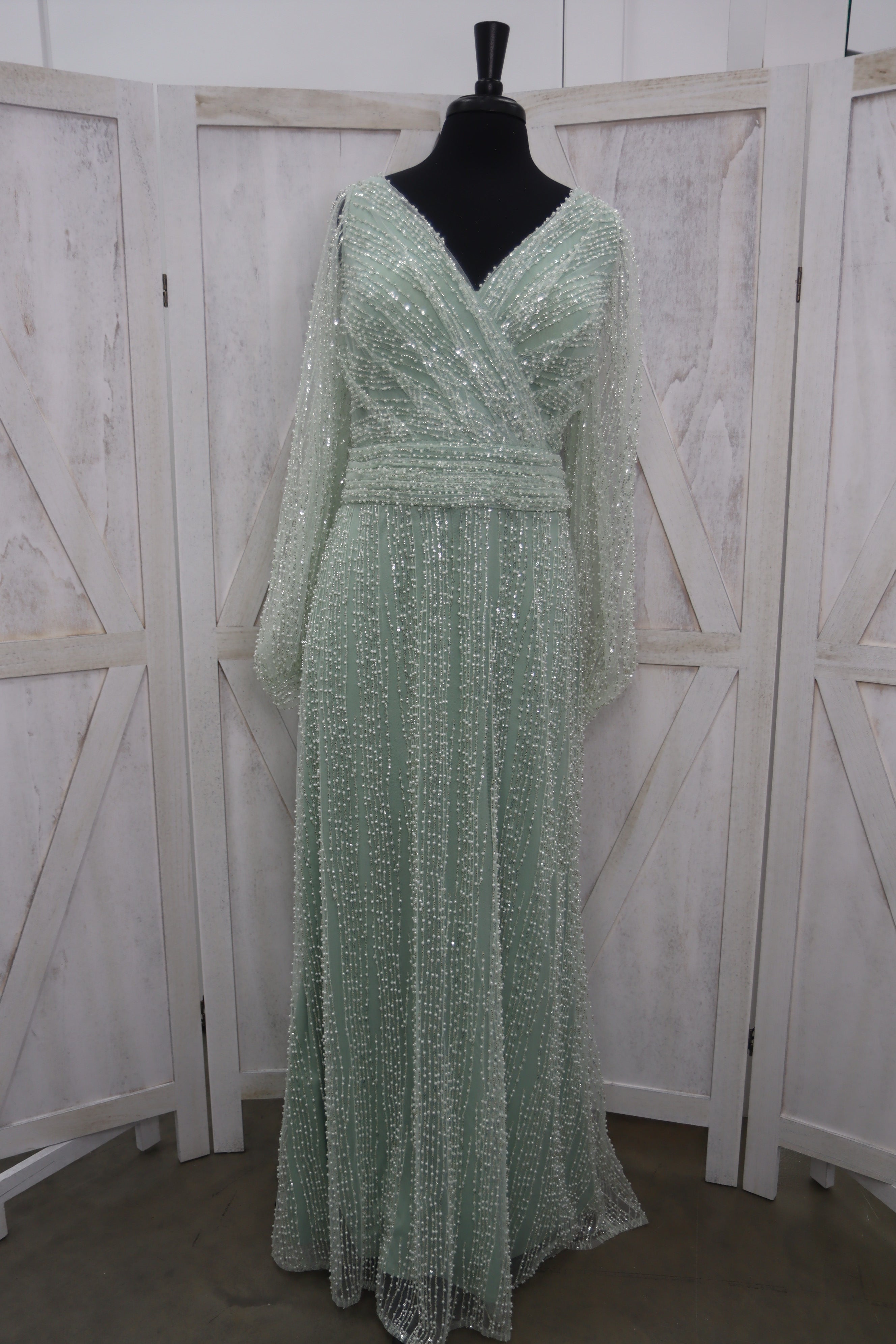 Mint Sage Fully Beaded Sequin V-Neck Long Sleeve A-Line Bridesmaids Gown