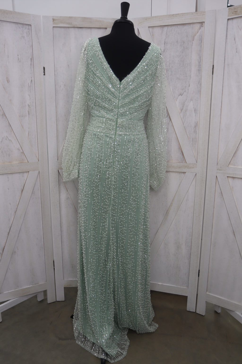 Mint Sage Fully Beaded Sequin V-Neck Long Sleeve A-Line Bridesmaids Gown
