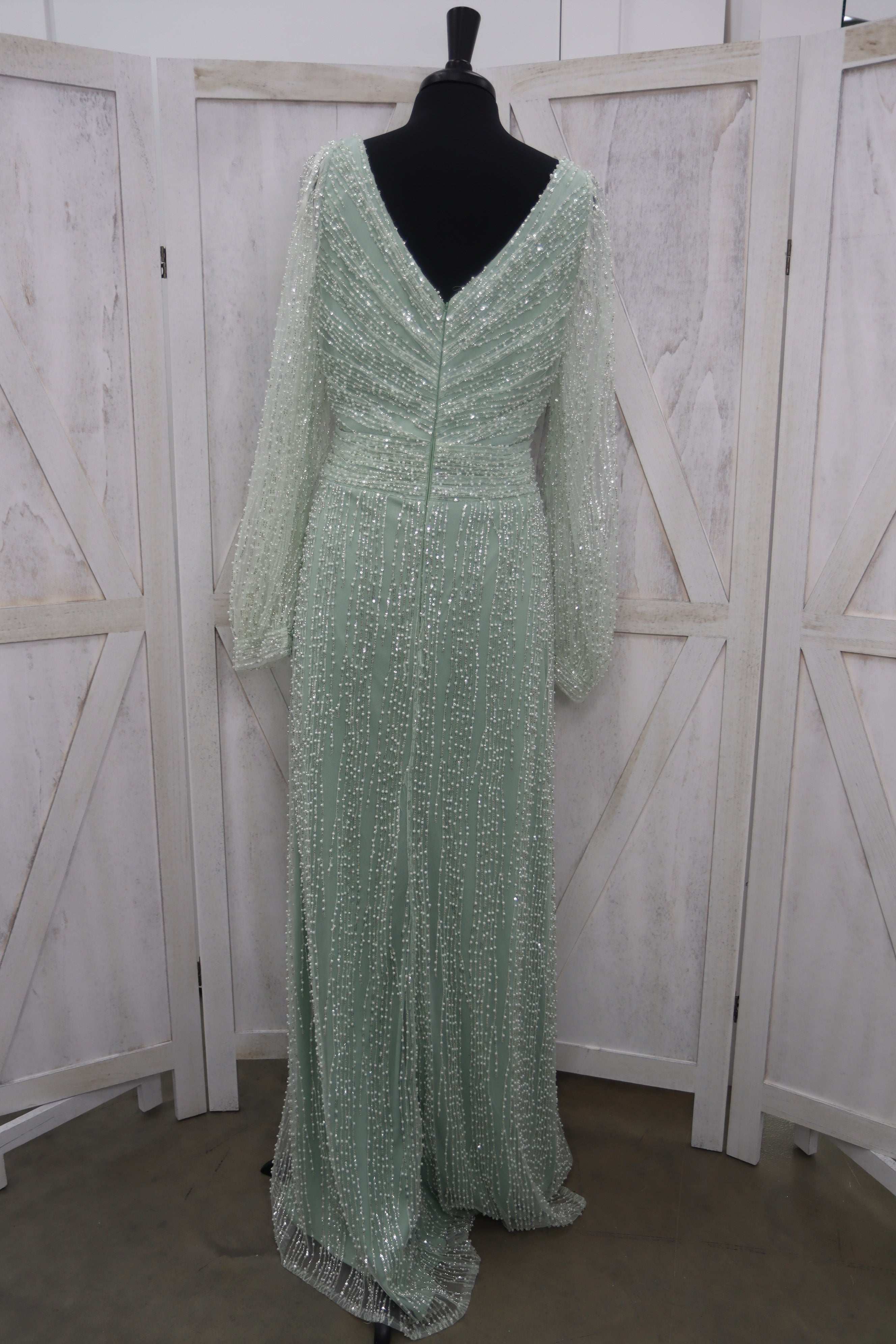 Mint Sage Fully Beaded Sequin V-Neck Long Sleeve A-Line Bridesmaids Gown