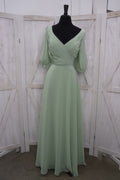 Sage Chiffon V-Neck Wrap Bodice Bishop Sleeve A-Line Bridesmaid Gown