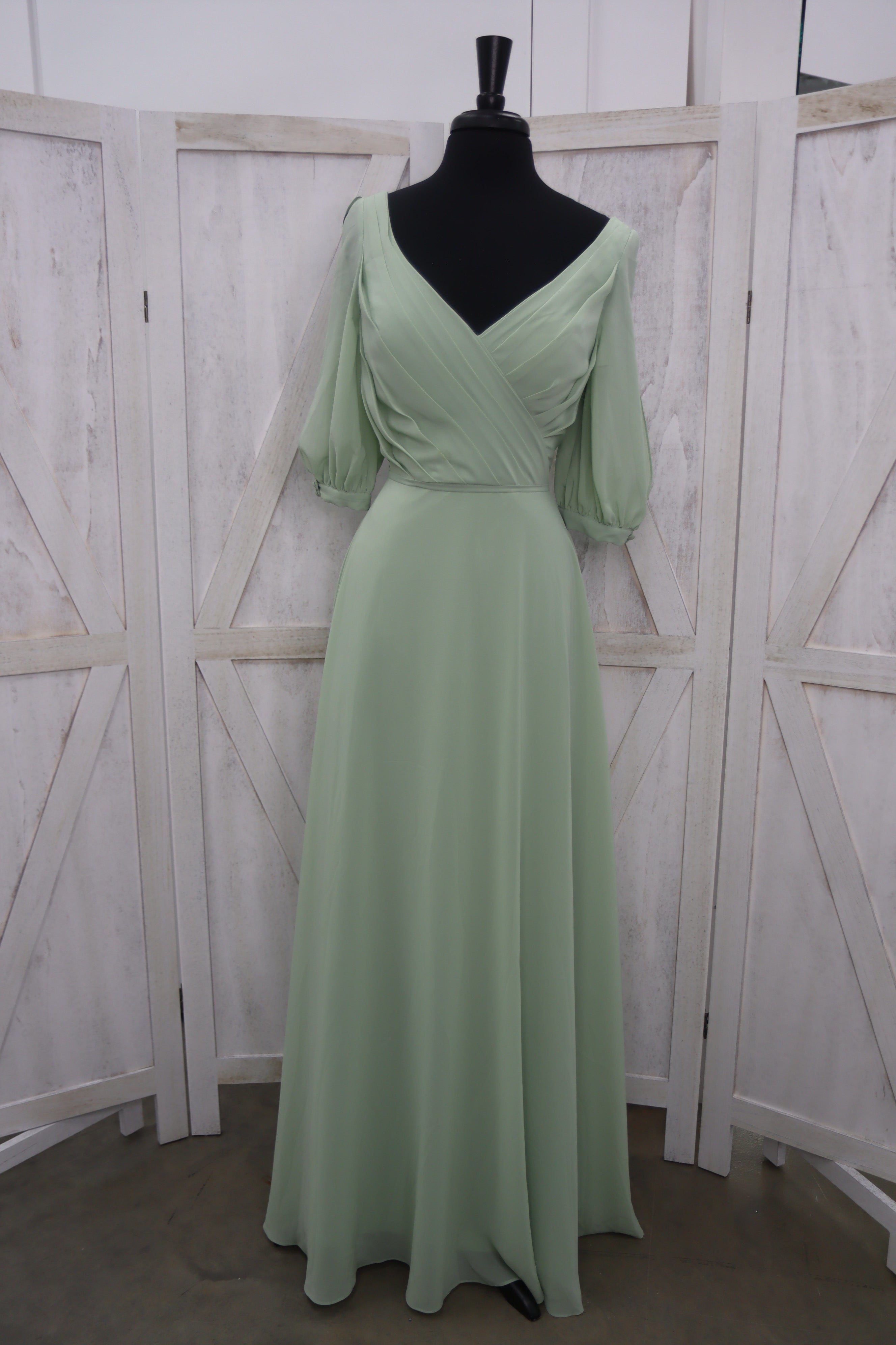 Sage Chiffon V-Neck Wrap Bodice Bishop Sleeve A-Line Bridesmaid Gown