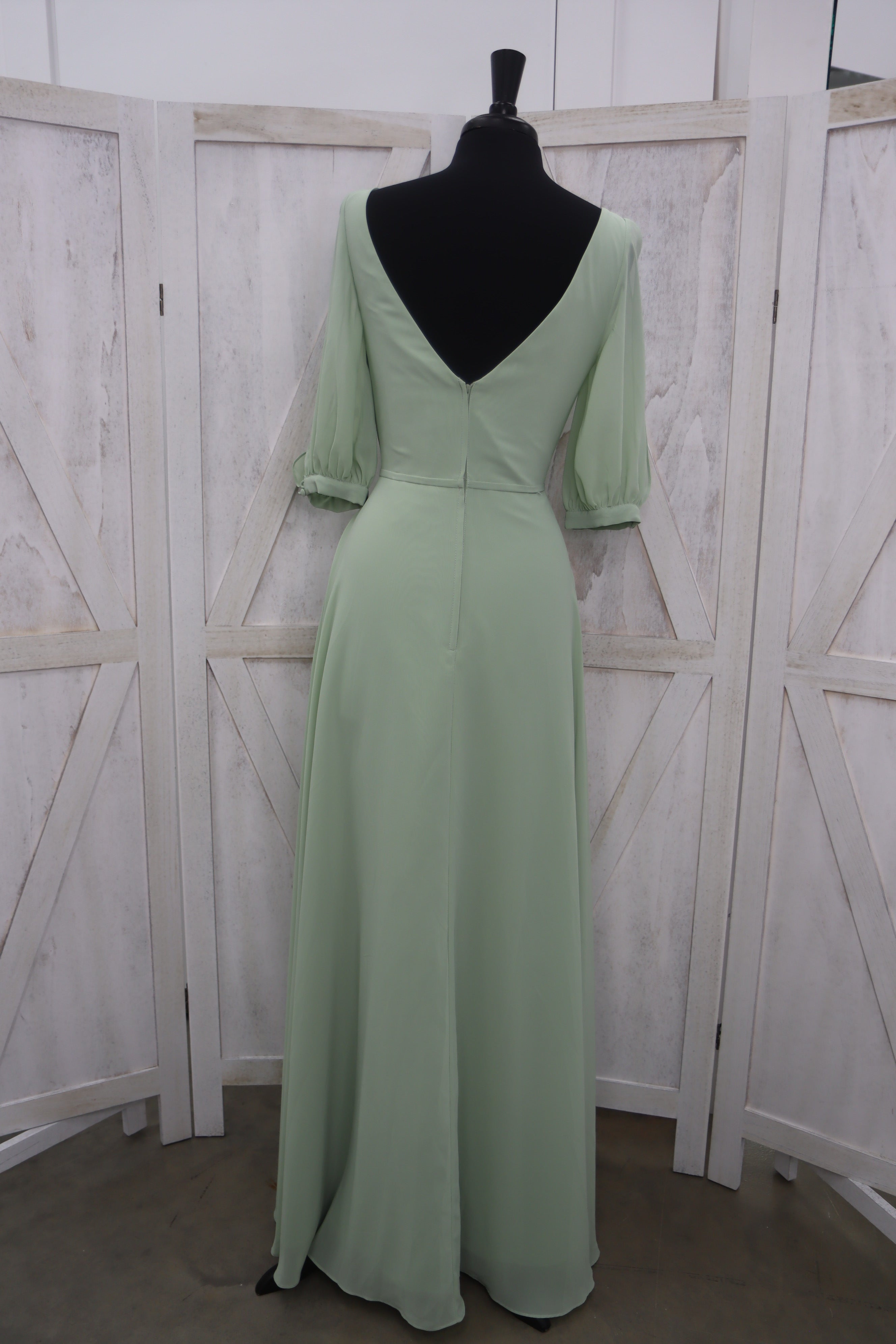 Sage Chiffon V-Neck Wrap Bodice Bishop Sleeve A-Line Bridesmaid Gown