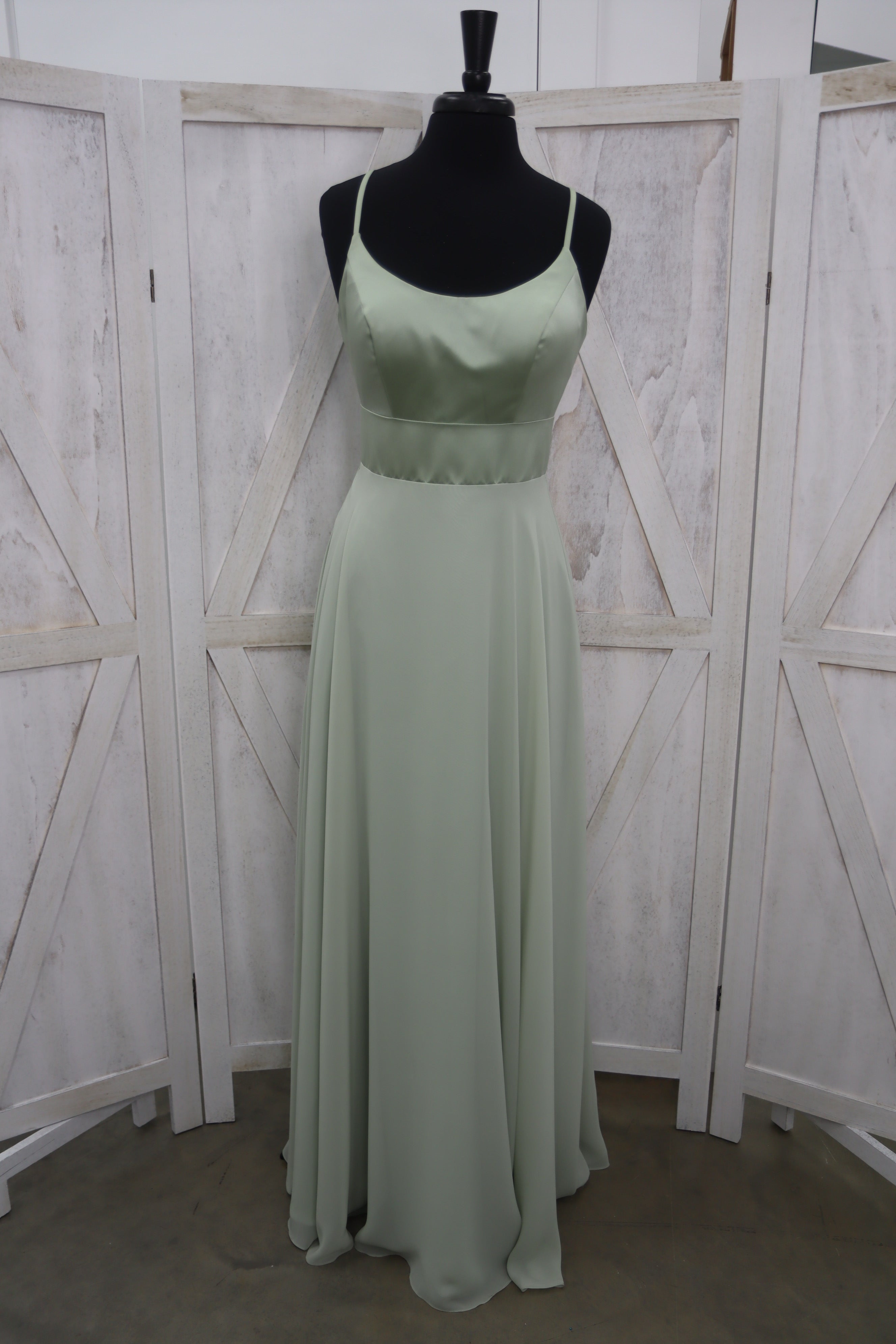 Mint Sage Satin Bodice Spaghetti Strap Chiffon A-Line Bridesmaids Gown