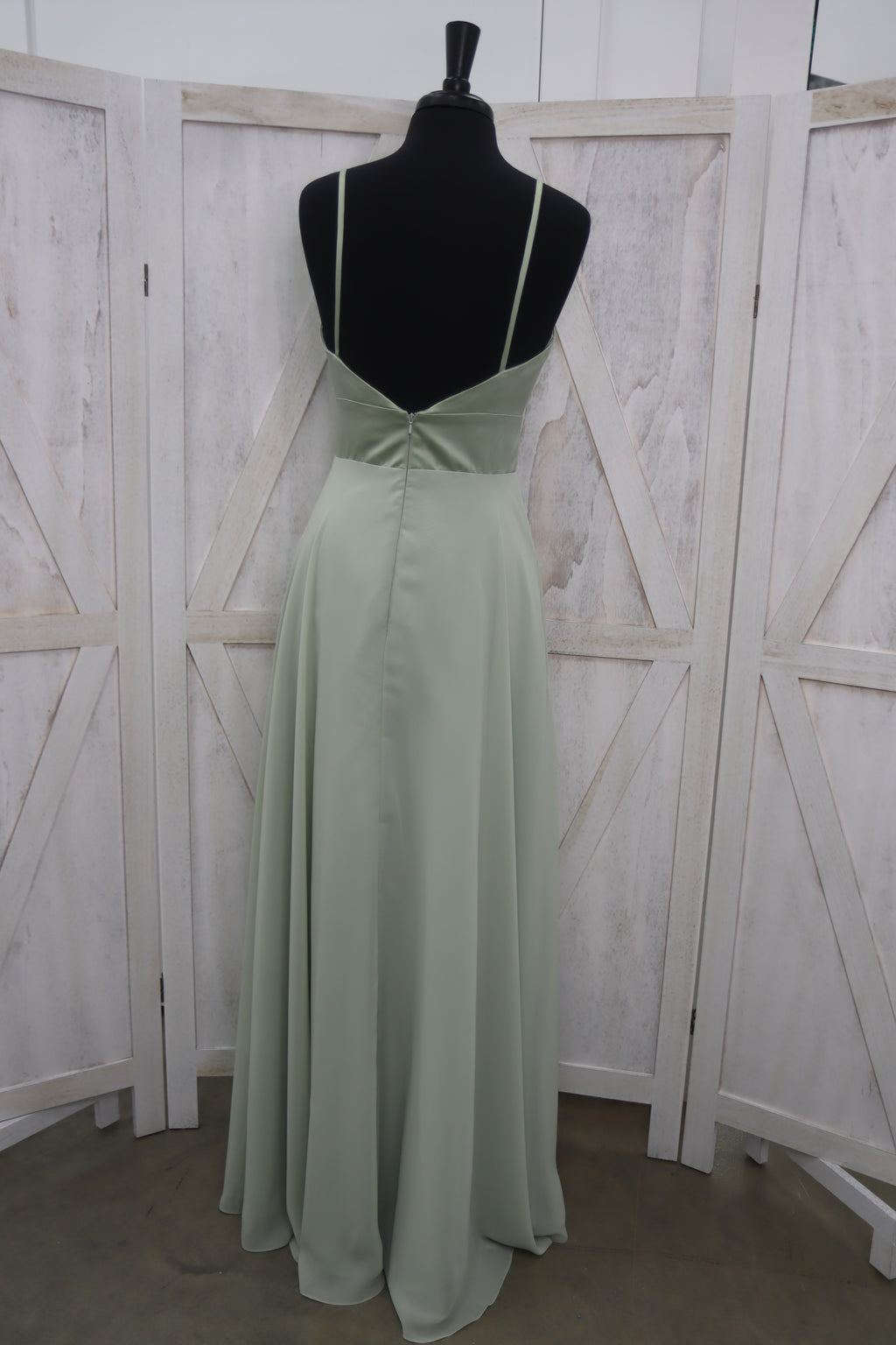 Mint Sage Satin Bodice Spaghetti Strap Chiffon A-Line Bridesmaids Gown