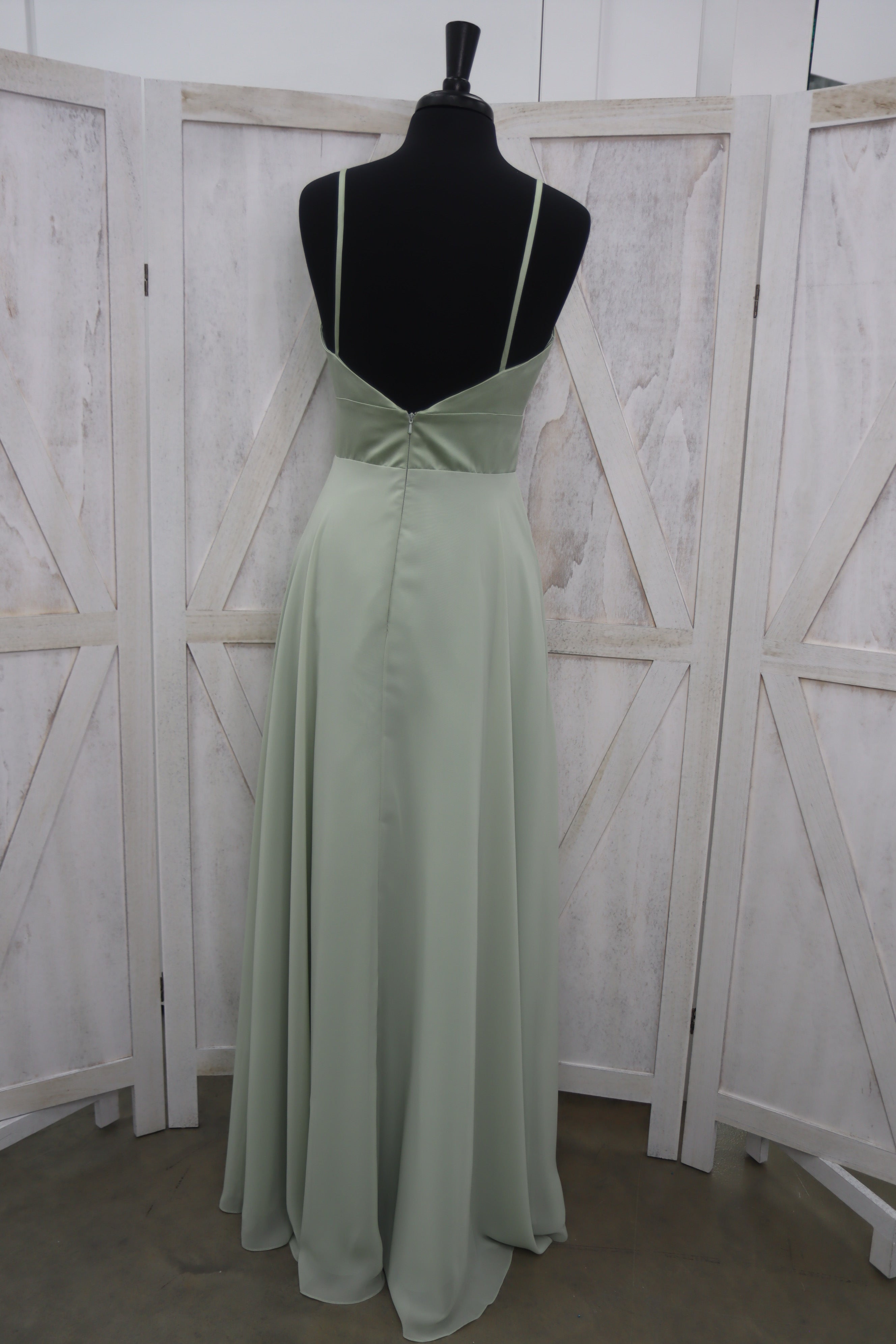 Mint Sage Satin Bodice Spaghetti Strap Chiffon A-Line Bridesmaids Gown