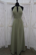 Sage Green Keyhole Halter Neck Pleated Chiffon A-Line Bridesmaids Gown