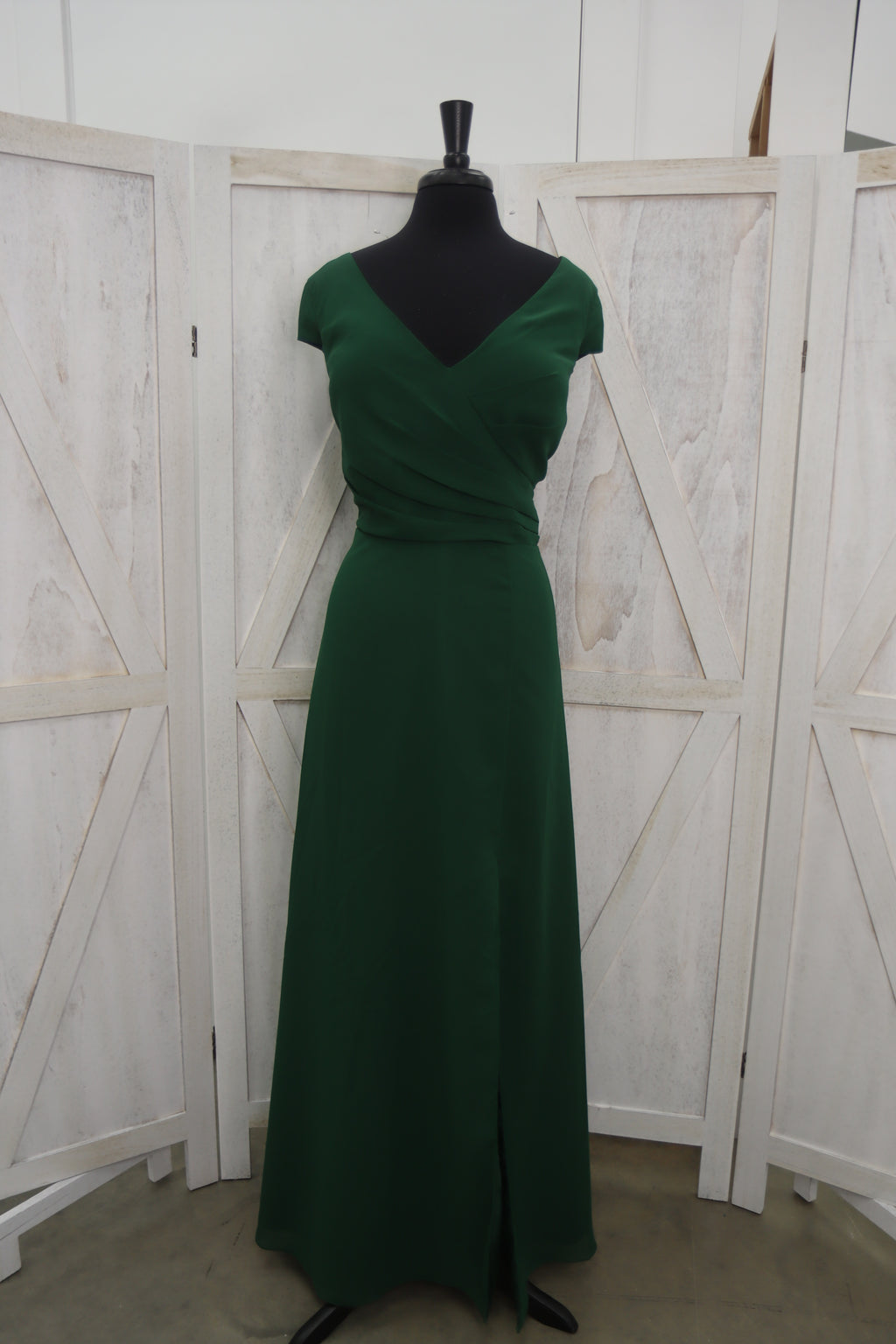 Emerald Green V-Neck Wrap Bodice Cap Sleeve A-Line Mother of the Bride Gown